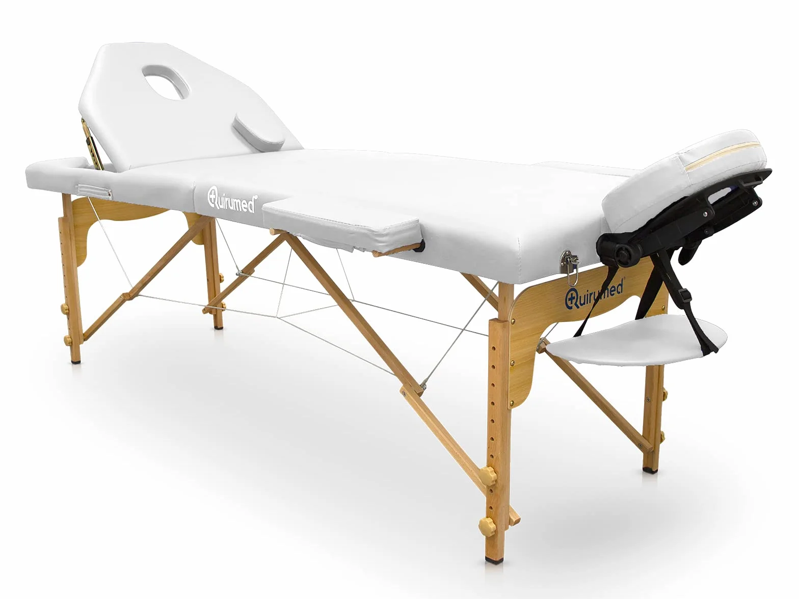 QUIRUMED Lettino pieghevole in legno Pro, 194 x 70 cm, con schienale ribaltabile, colore bianco, ecopelle, foro viso, testa rimovibile, altezza regolabile, fino a 150 kg