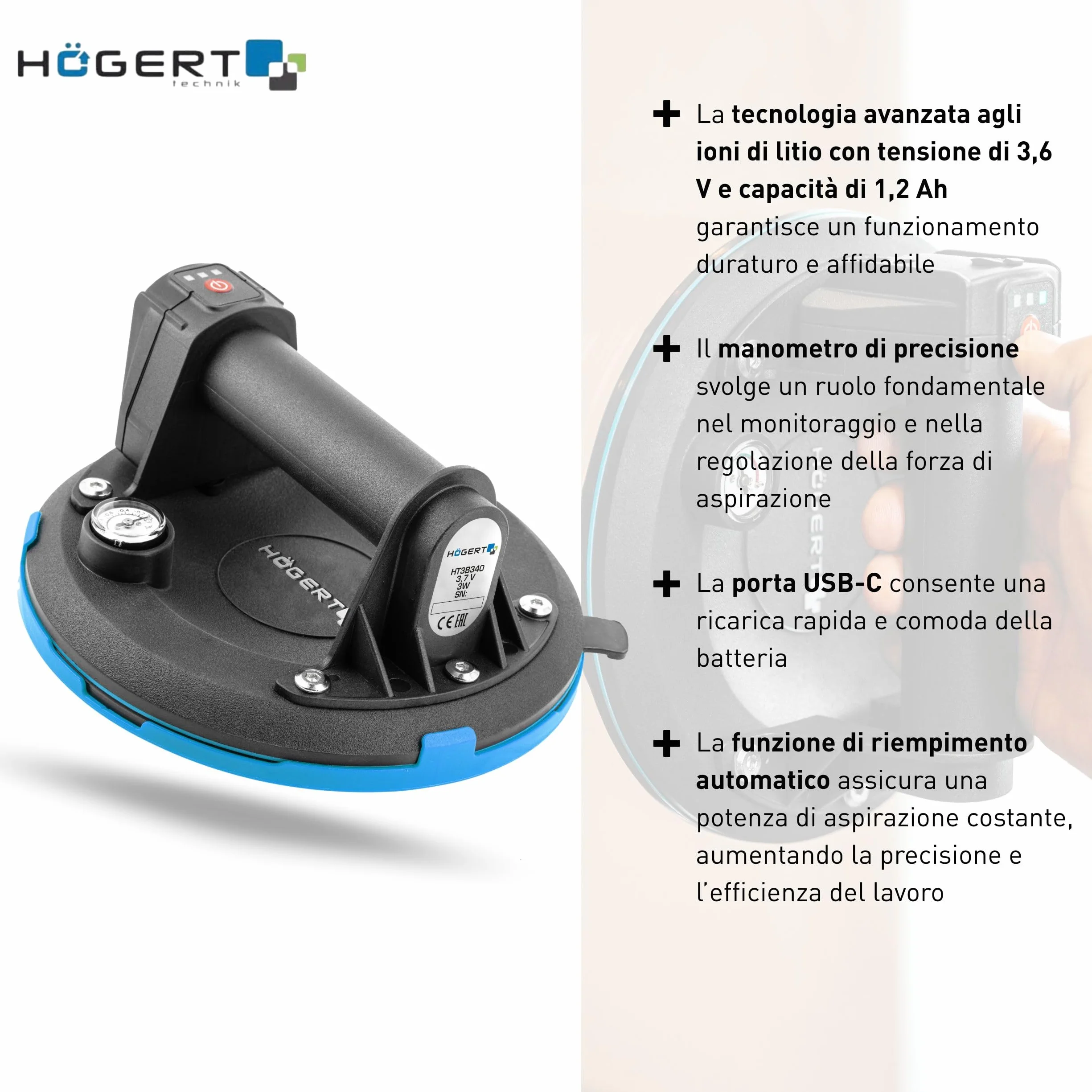 HÖGERT TECHNIK - Ventosa a batteria da 200 mm con manometro, aspirapolvere a batteria Heavy Duty, carico: 150 kg, la ventosa viene utilizzata per il trasporto di vetrate, oggetti lisci e piastrelle in