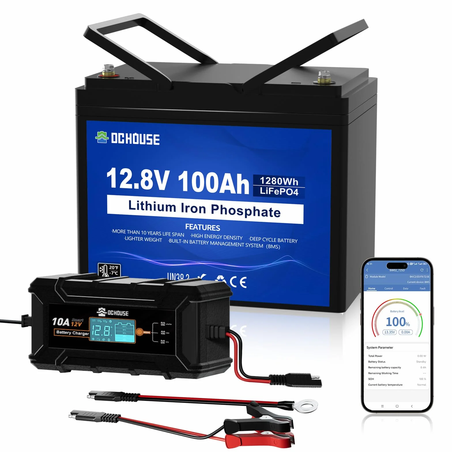 DCHOUSE Batteria LiFePO4 12V 100Ah con Bluetooth e Caricabatterie 10A, BMS 100A, Protezione da Bassa Temperatura, fino a 15000 Cicli, per Camper, Campeggio e Sistemi Solari