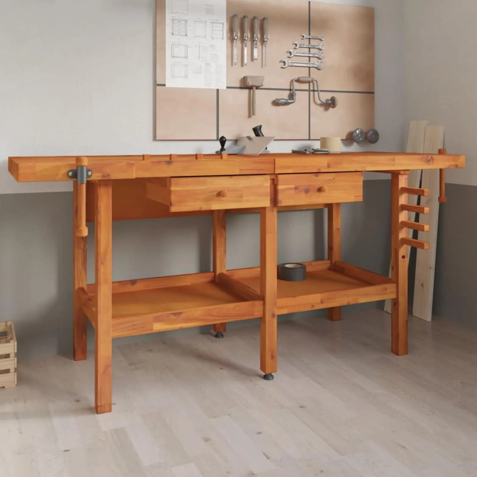 Homgoday Banco da Lavoro in Legno di Acacia con Morse 184-192x54-62x83cm 2 Cassetti Robusto
