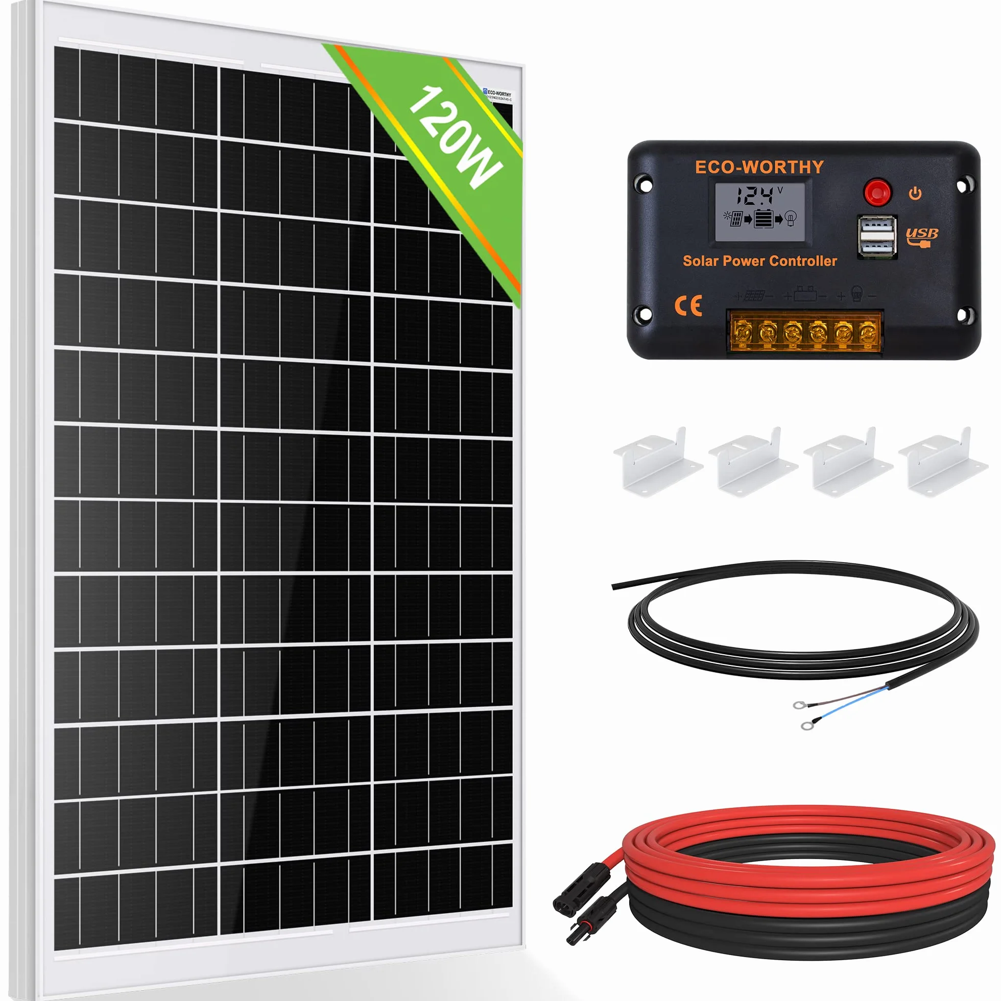 ECO-WORTHY Kit pannello solare 120 W 12 V, 0,5 kWh/giorno, kit off-grid per camper, barca, campeggio: pannello mono da 120 W + regolatore PWM da 30 A + staffe a Z + cavi