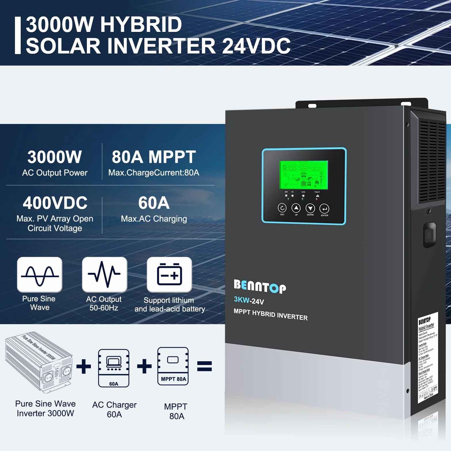 Inverter ibrido da 3000 W, 24 V DC a 230 V AC, pura sinus offgrid, inverter solare con regolatore solare MPPT da 80 A, max. ingresso PV 400 V, per batterie al piombo acido e al litio