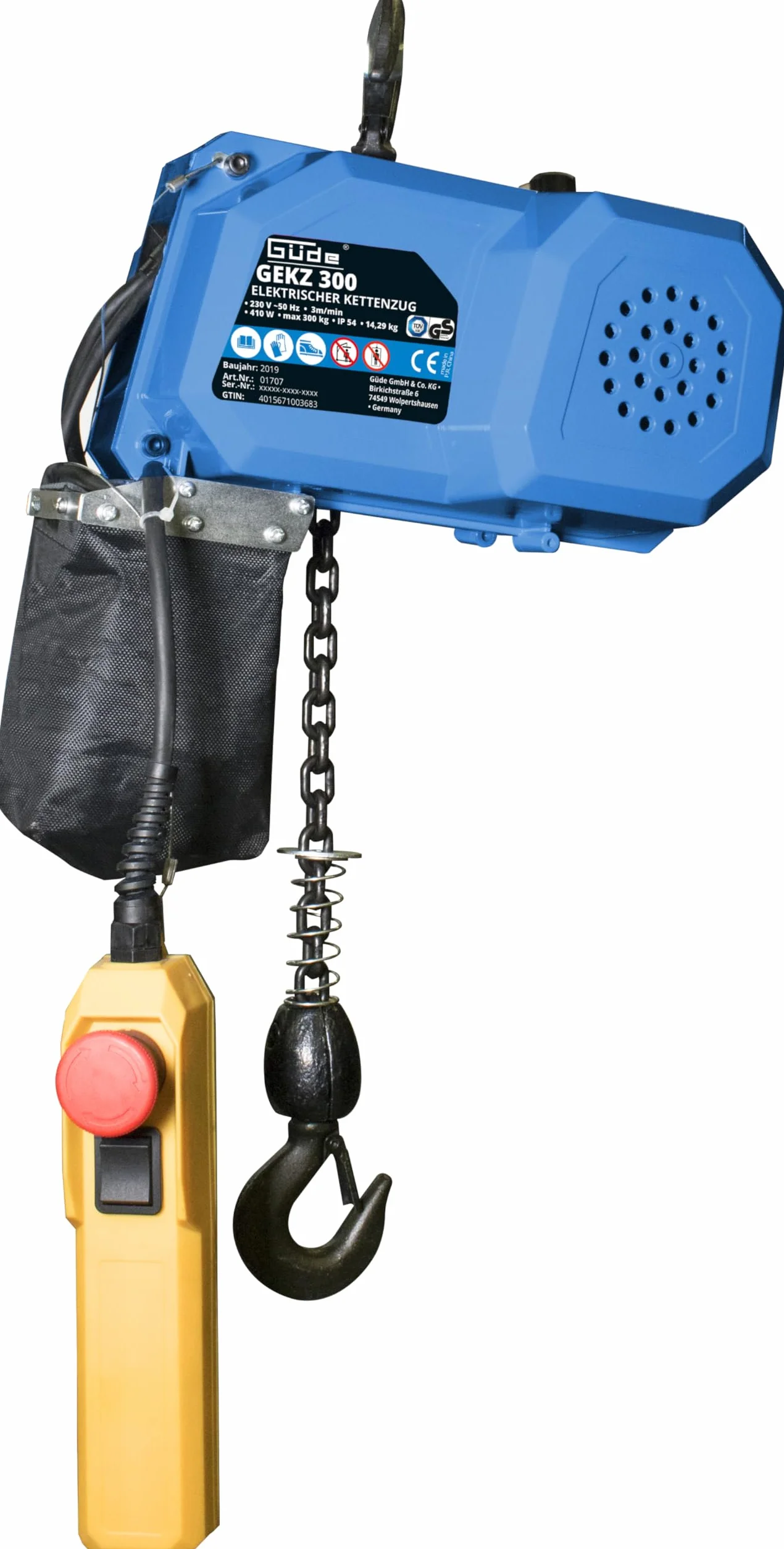 Güde GEKZ 300 - Paranco a catena elettrico (230 V, 410 W di potenza del motore (P1), carico massimo di 300 kg, lunghezza della catena di 3 m, con arresto di emergenza, freno di trasmissione meccanico