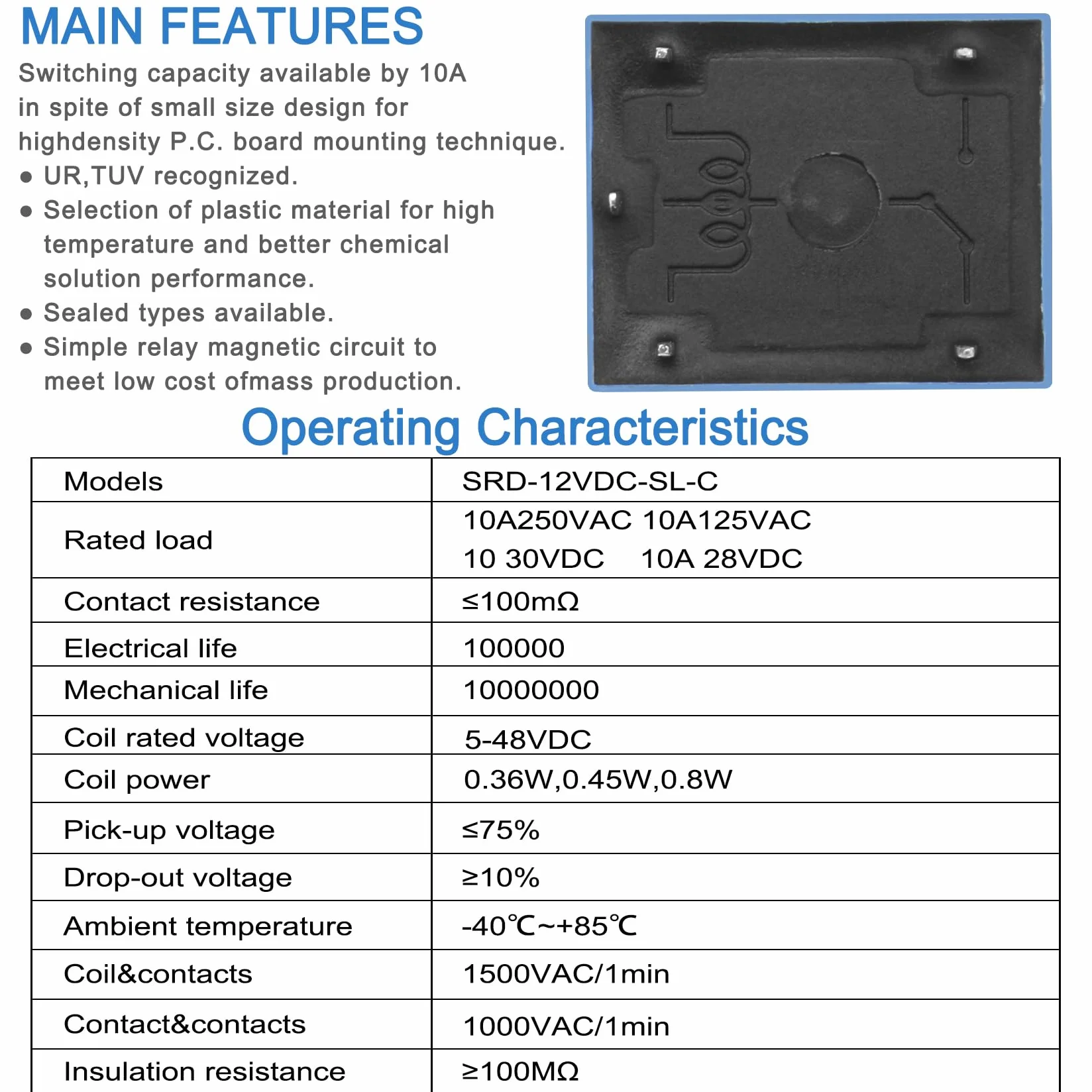Heschen relè per circuito stampato, SRD-12VDC-SL-C, 12VDC, SPDT, 10A 250VAC, per terminali a 5 pin, confezione da 2