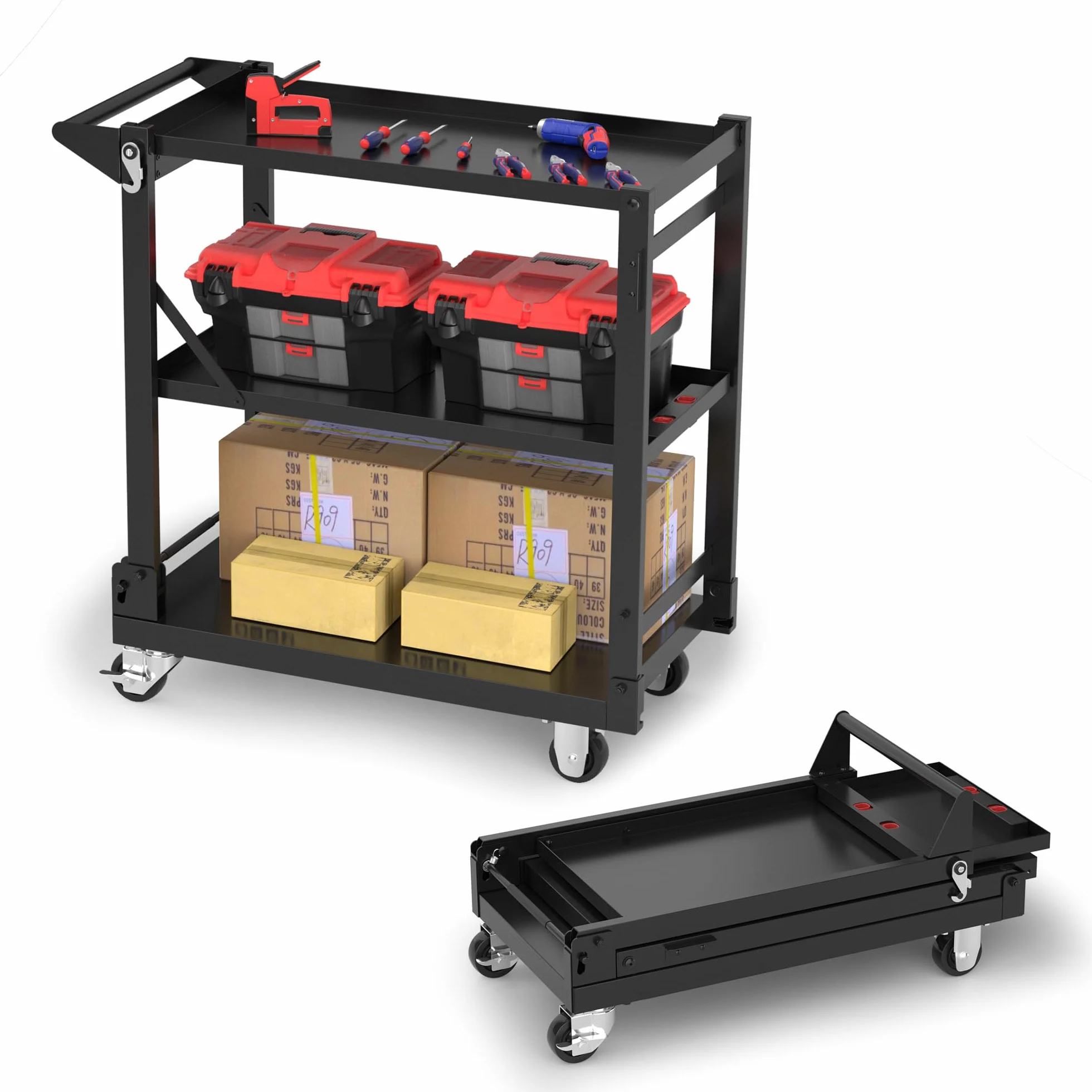 WORKPRO 3-IN-1 Carrello Porta Attrezzi con Ruote Portatutto a 3 Ripiani, Carrello Officina multifunzione carico di 135 kg con 4 Ruote (2 con Freno) Ideale per garage, magazzini, uffici, cucine