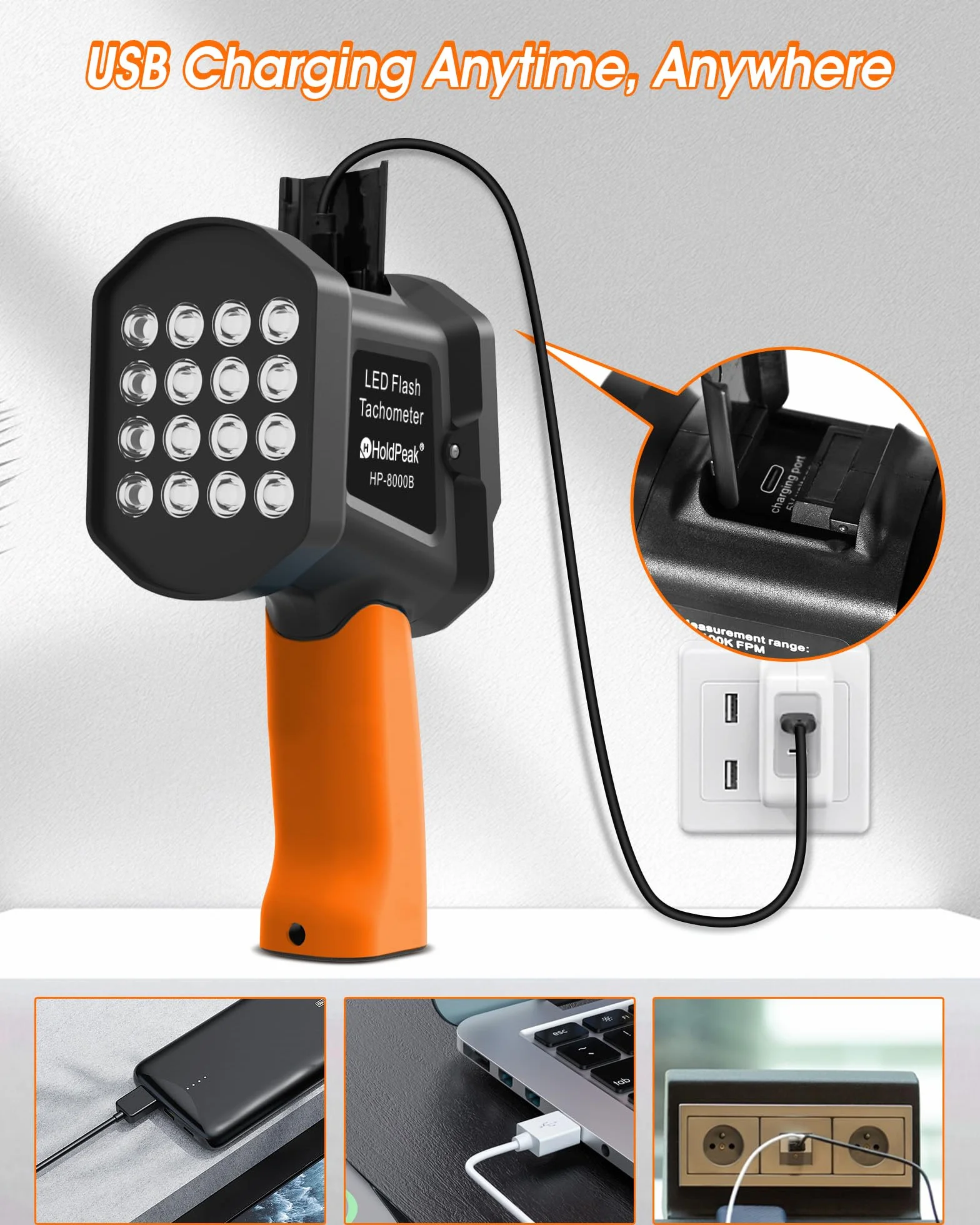 Stroboscopio LED 60–100.000 giri/min, WapoRich tachimetro digitale senza contatto con 16 LED, ricaricabile USB, display LCD per motori e ventole