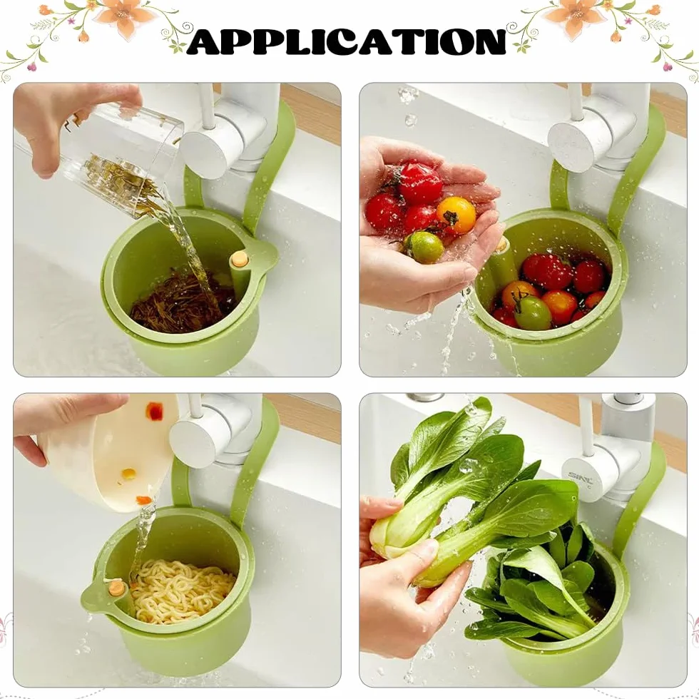 Cestino di scarico per lavello da Appendere, Cestello Filtro per Lavello Cucina, Cestino filtro rimovibile per lavare e scolare, Colino in Plastica Rubinetto con Pulsante a Scatto (Verde)