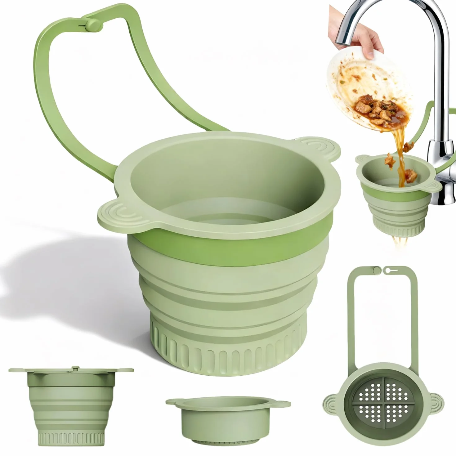 Pieghevole Cestello di Scarico per Lavello da Cucina, Cestello Filtro per Lavandino in Silicone, Rimovibile da Appendere, per Filtrare i Residui di Cibo e Prevenire L'Intasamento del Lavello (Verde)