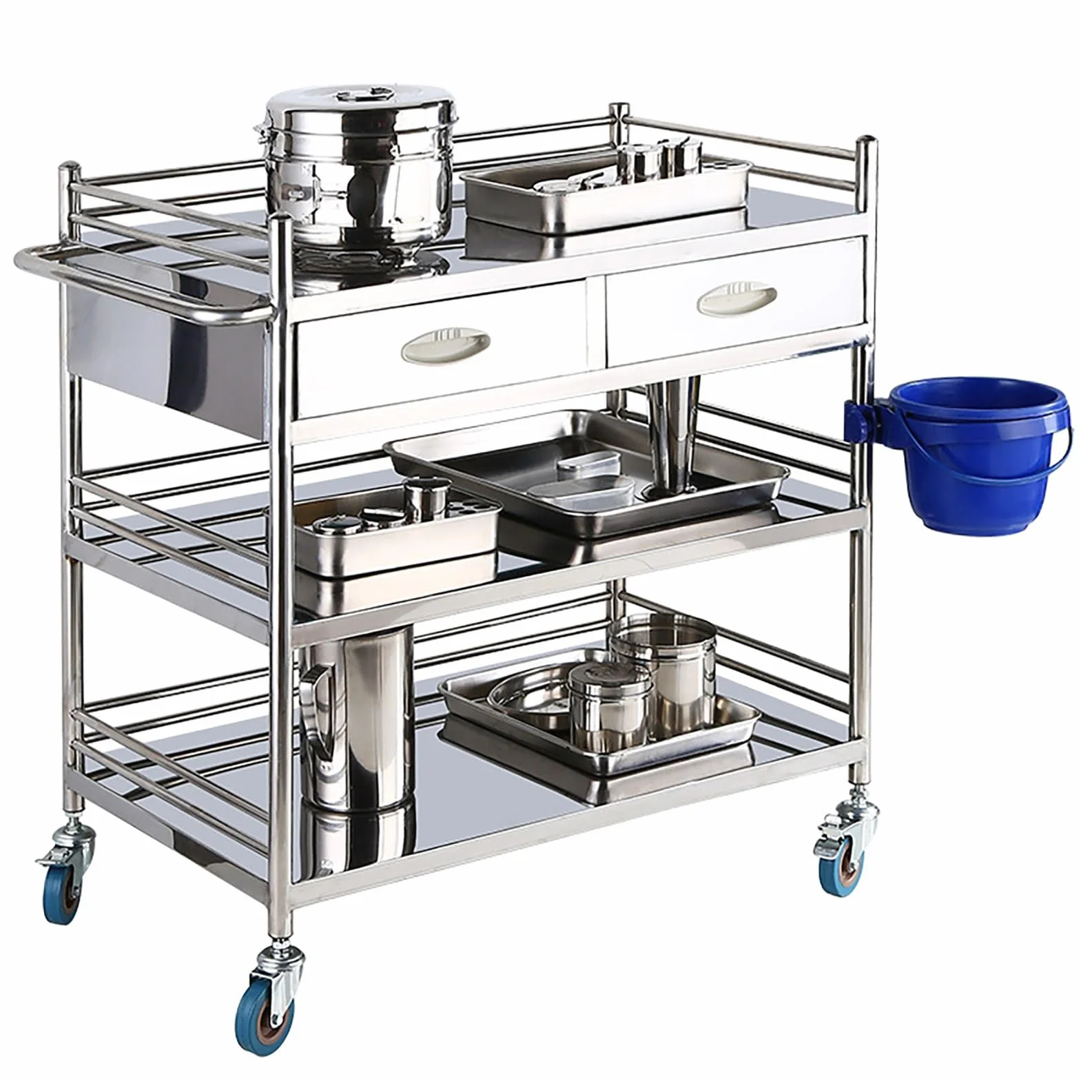 Acciaio inox Carrello, Carrello medico, carrello per laboratorio odontoiatrico con ruote commerciali con ruote silenziose a 360° e un cassetto, carrello con maniglia, per laboratorio, ospedale ( Size