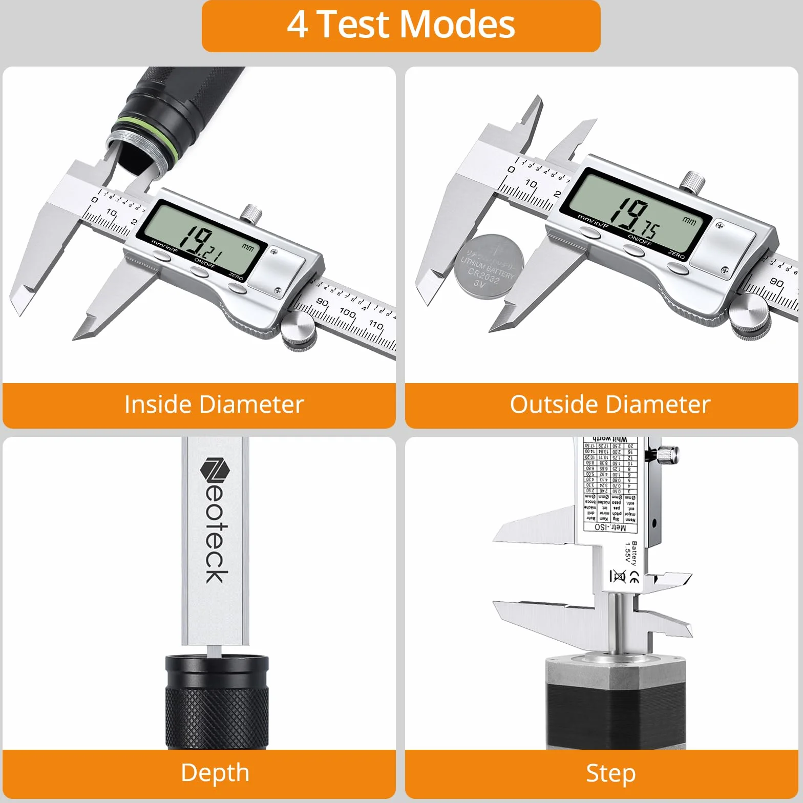 Neoteck Calibro Digitale 200mm / 8Pollice Elettronico Calibro a Corsoio Acciaio Inox Conversione Metrica/Inch/Frazioni Strumento Misurazione LCD per Lunghezza Larghezza Diametro Interno ed Esterno