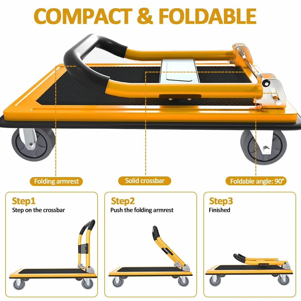 Carrello a Piattaforma Carrello Trasportatore Pieghevole Portata 300 kg 77x50cm Rivestimento Antiscivolo con 360° Ruote Silenziose (Giallo)