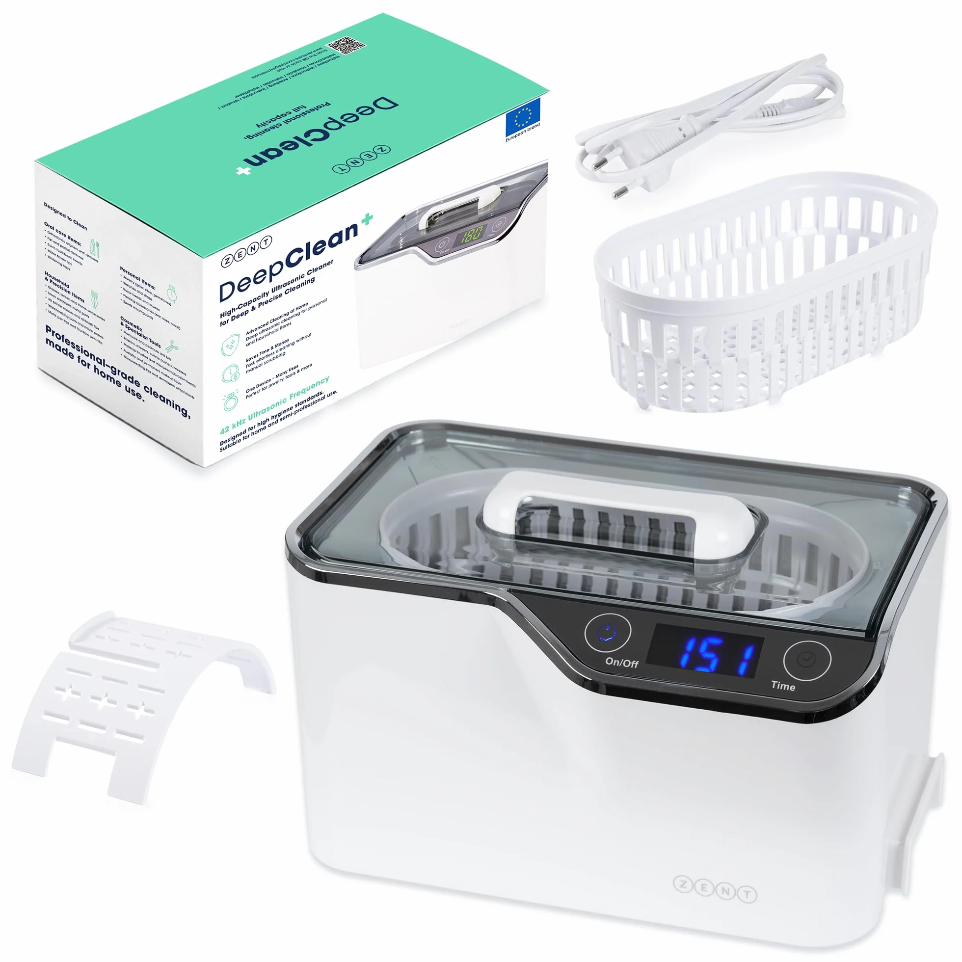 ZENT Pulitore ultrasuoni 42kHz 600ml, Ultrasuoni per pulisci occhiali, Pulizia apparecchio ortodontico, protesi dentarie, gioielli, orologi, invisalign - 5 programmi temporali, Pannello touch LED