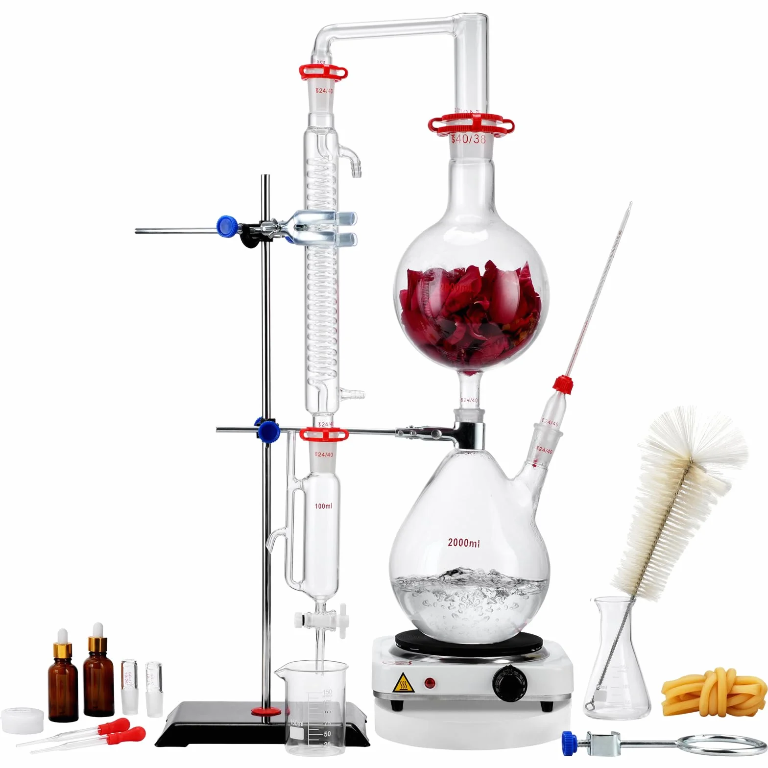 VEVOR Kit di distillazione di oli essenziali, 2000 ml, kit di distillazione di vetreria da laboratorio 3.3 Boro con piastra riscaldante da 1000 W e 24, 40 giunti, set da 28 pezzi