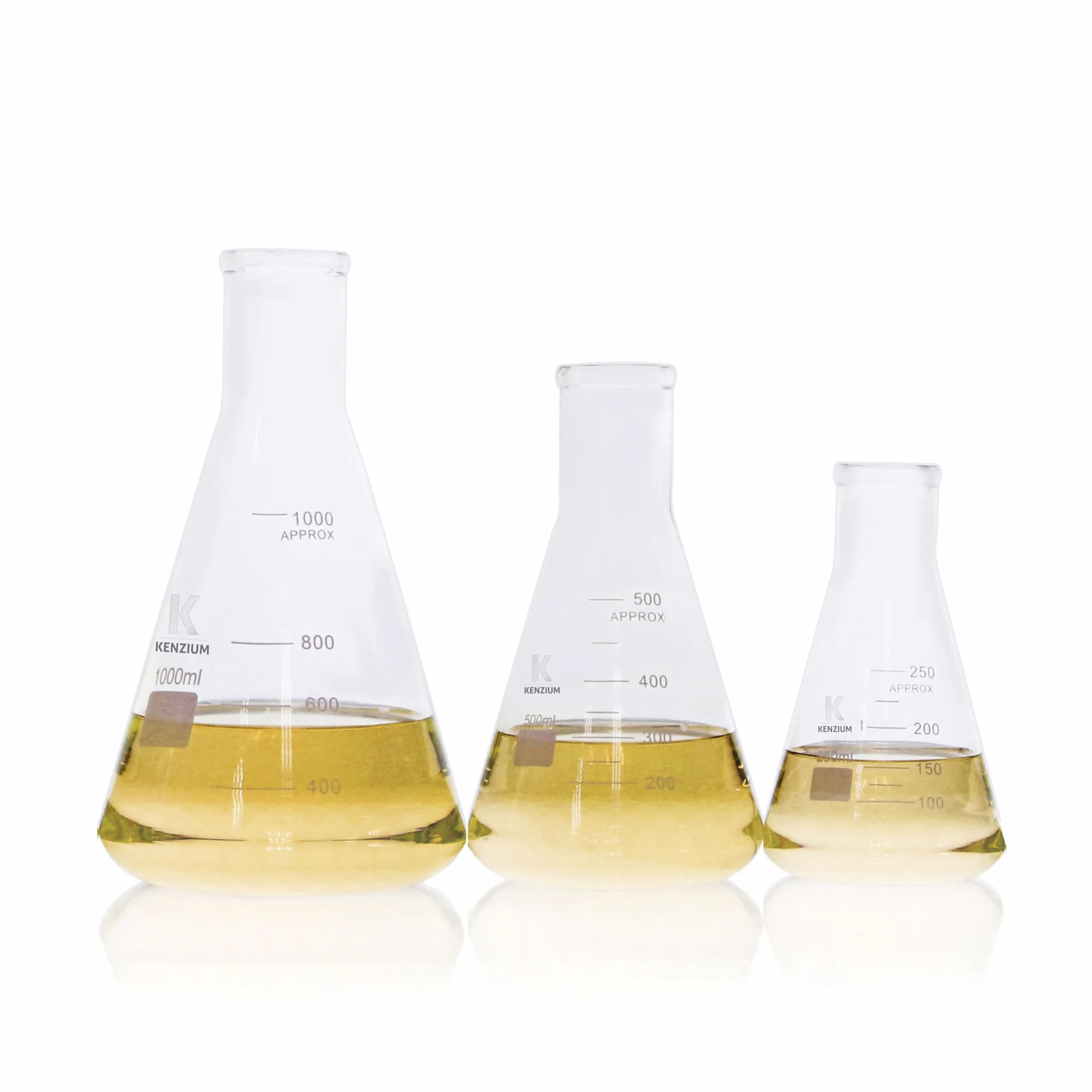 KENZIUM - Pack 3 x Beuta Erlenmeyer | Formati: 250, 500 e 1000 ml | Vetro Borosilicato 3.3 | Graduazione Stampata | Collo Stretto | Ideale Laboratorio, Scuola