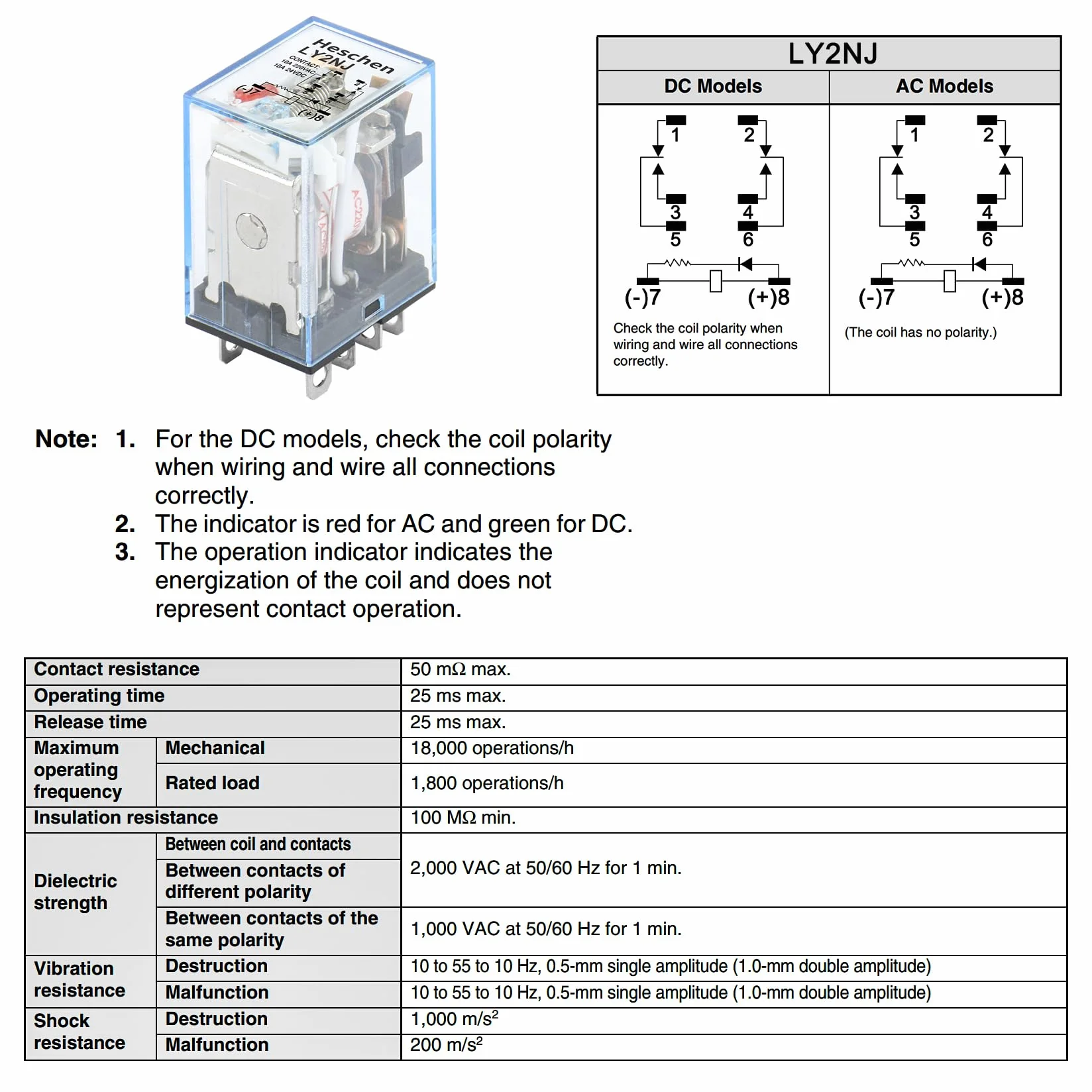 Heschen Relè per uso generico, LY2NJ, bobina 220VAC, 10A 24VDC/220VAC, DPDT, indicatore LED, con base a bussola