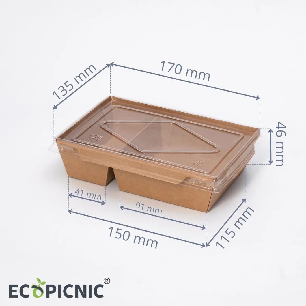 Lanchbox Carta Kraft Coperchio Trasparente 2 Scomparti 900 ml - Confezione 50 Pezzi | Scatole Alimenti Asporto, Contenitori Monouso