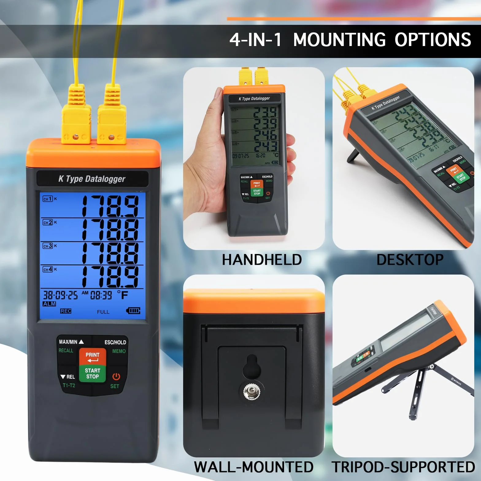 Termometro a Termocoppia 4 Canali Tipo K, 48.000 Registrazioni, -200~1370°C, Allarme Sonoro Visivo