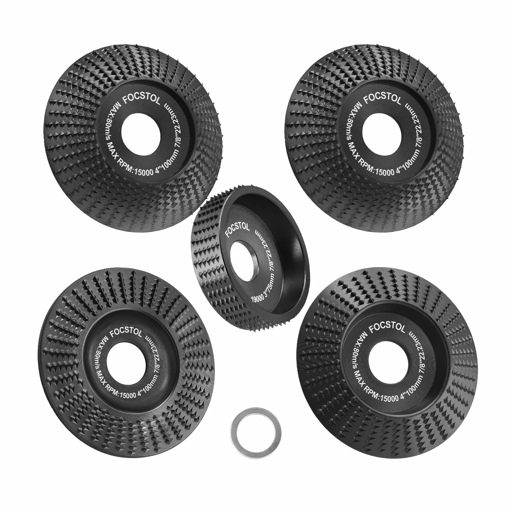 FOCSTOL Intaglio Legno Mola Disco - 5 pezzi (4 pezzi 100mm+1pezzo 75mm) Disco Smerigliatrice Foro 22,23 x 15,875mm per Legno Smerigliatura Modellatura Lucidatura Intaglio