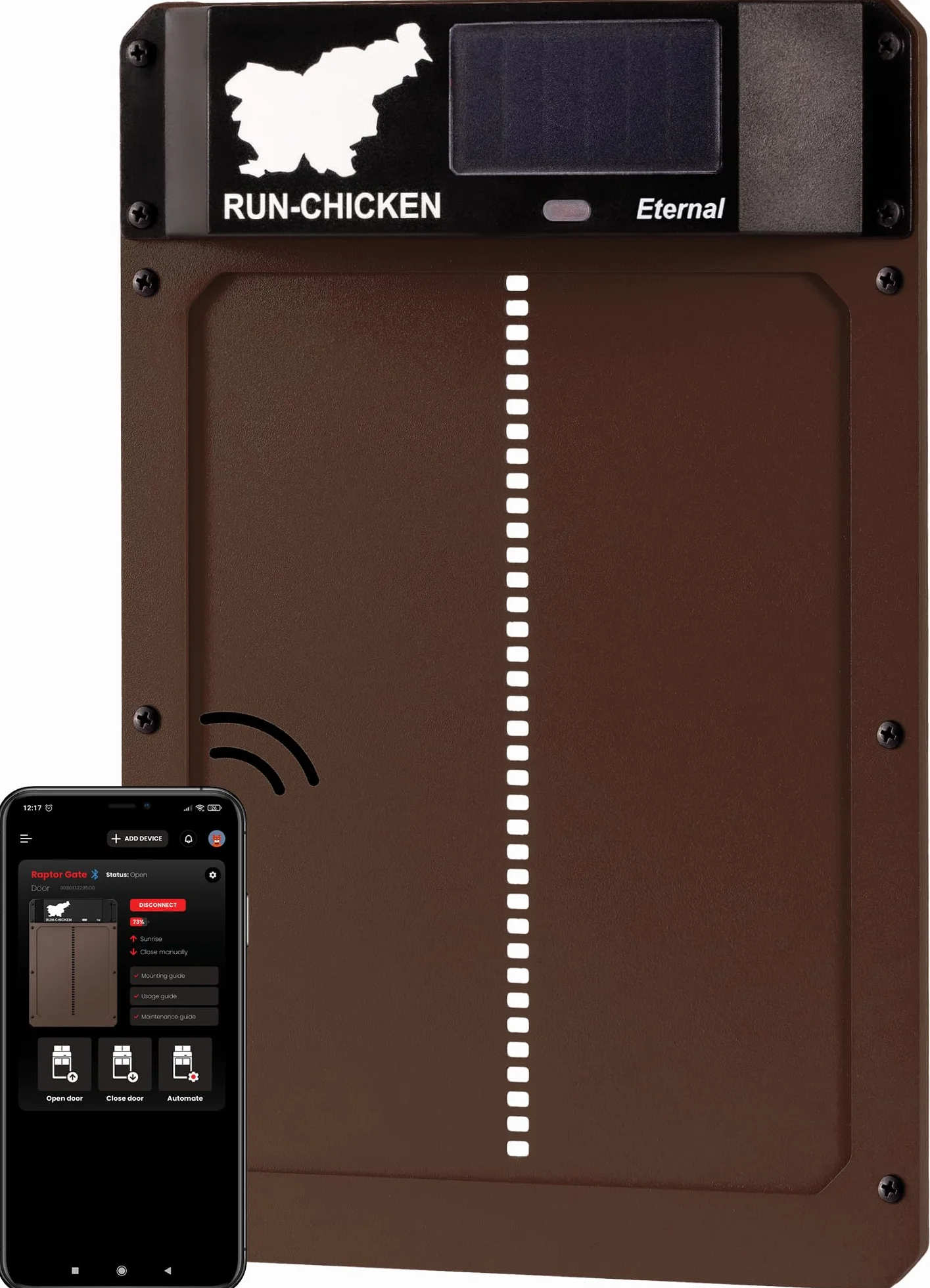 RUN-CHICKEN Porta (marrone) Solar Chicken Coop Door, automatico pollaio elettrico con timer, sensore luce, batteria, energia solare