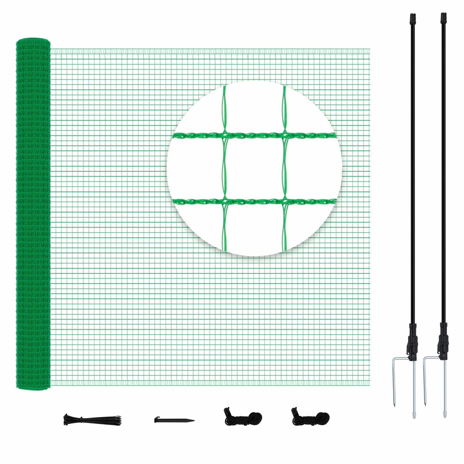 WOLTU Rete per pollame,Rete Verde per Recinzione con Pali 25x1,2 m, Recinzione da Giardino a Maglia con Picchetti, Funi e Fascette, per Frutteti, Fattorie, Animali, Orti, in PE 53g/m²,Verde