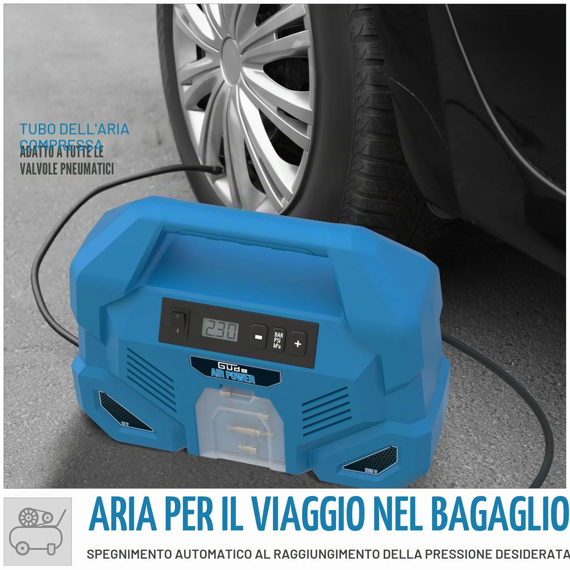 Güde Compressore Airpower Dual Drive 12/230 V/5 pezzi (150 W, max. 8 bar, 20 l/min eff. Contenuto della confezione: senza olio e manutenzione, connettore da 12 Volt e 230 Volt, display LCD, tubo