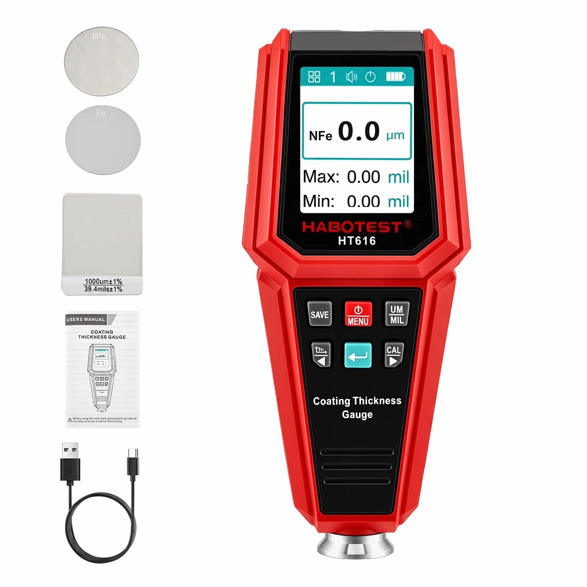 HT616 Spessimetro Vernice, Misuratore di Spessore del Rivestimento 0-1500μm, Misuratore di Vernice per Auto Fe NFe, Tester di Spessore della Vernice, Rivestimento Tester di Spessore della Vernice