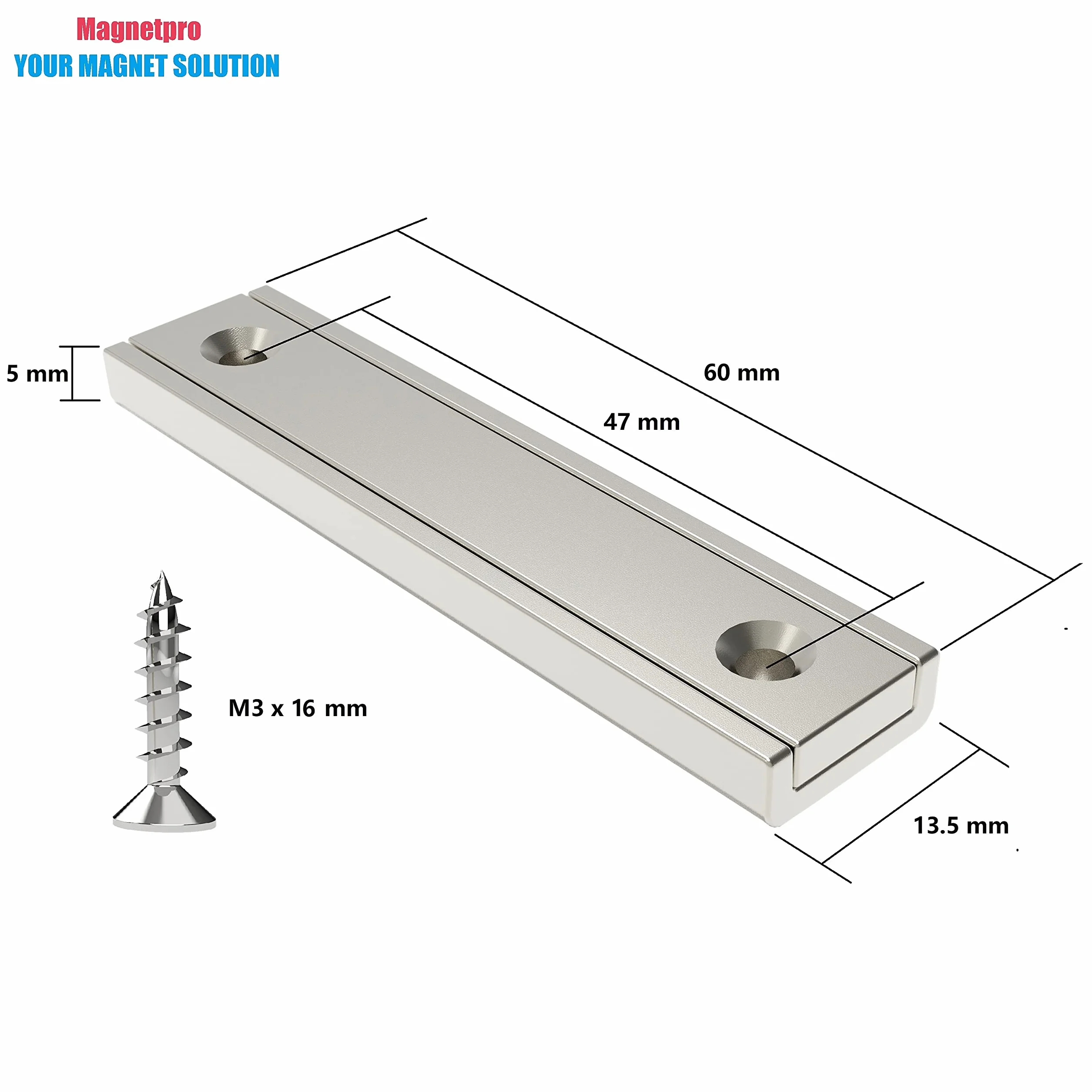 Magneti Rettangolari 30 kg 60 x 13,5 x 5 mm Magnete con Foro Svasato e Viti