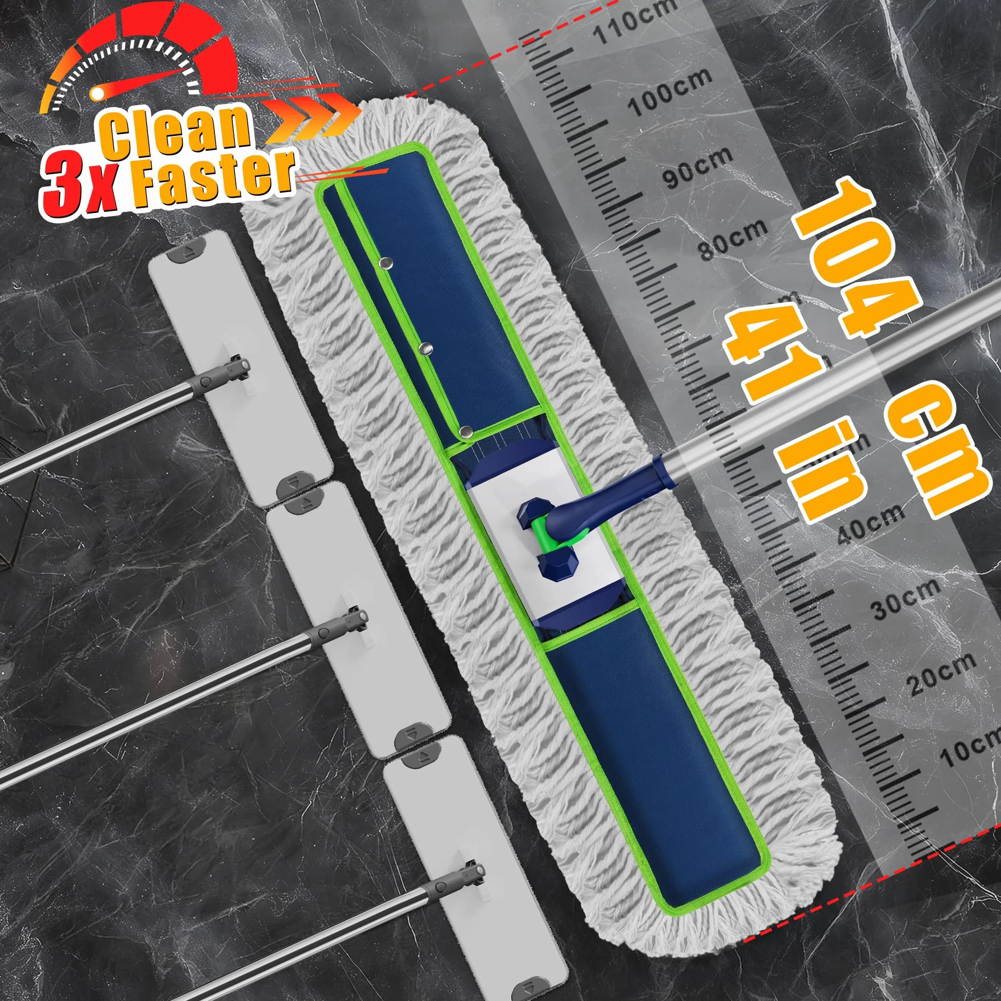 Mocio industriale piatto 104 cm per pavimenti in legno duro con 2 tamponi e manico 150 cm
