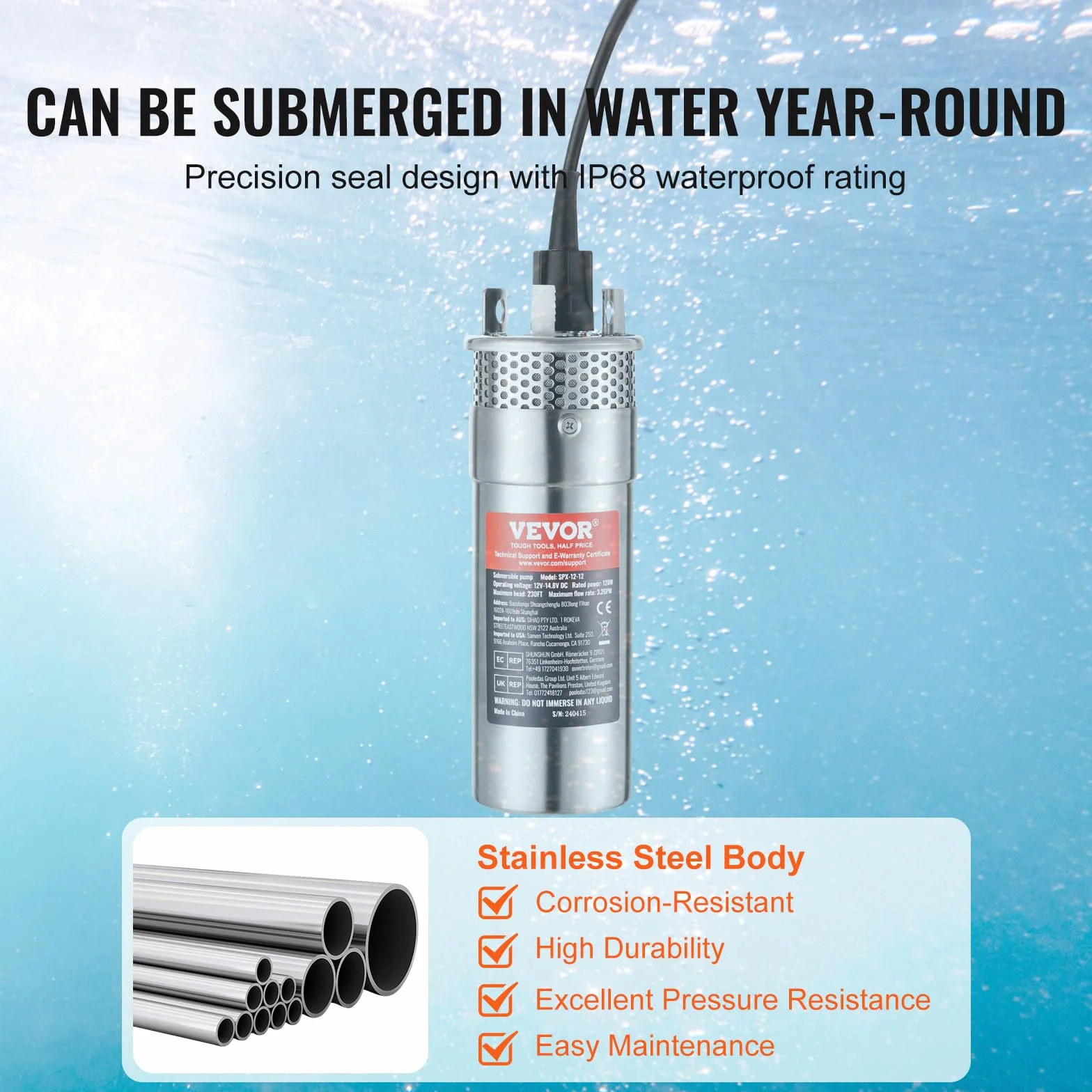 VEVOR Pompa Acqua Solare, Pompa Sommergibile Pozzi Profondi da 120 W, 12 V CC, 3,2 GPM, Sollevamento 70 m, Immersione Massima 30 m, Pompa Acqua Energia Solare Pozzi, Fattorie, Ranch, Irrigazione