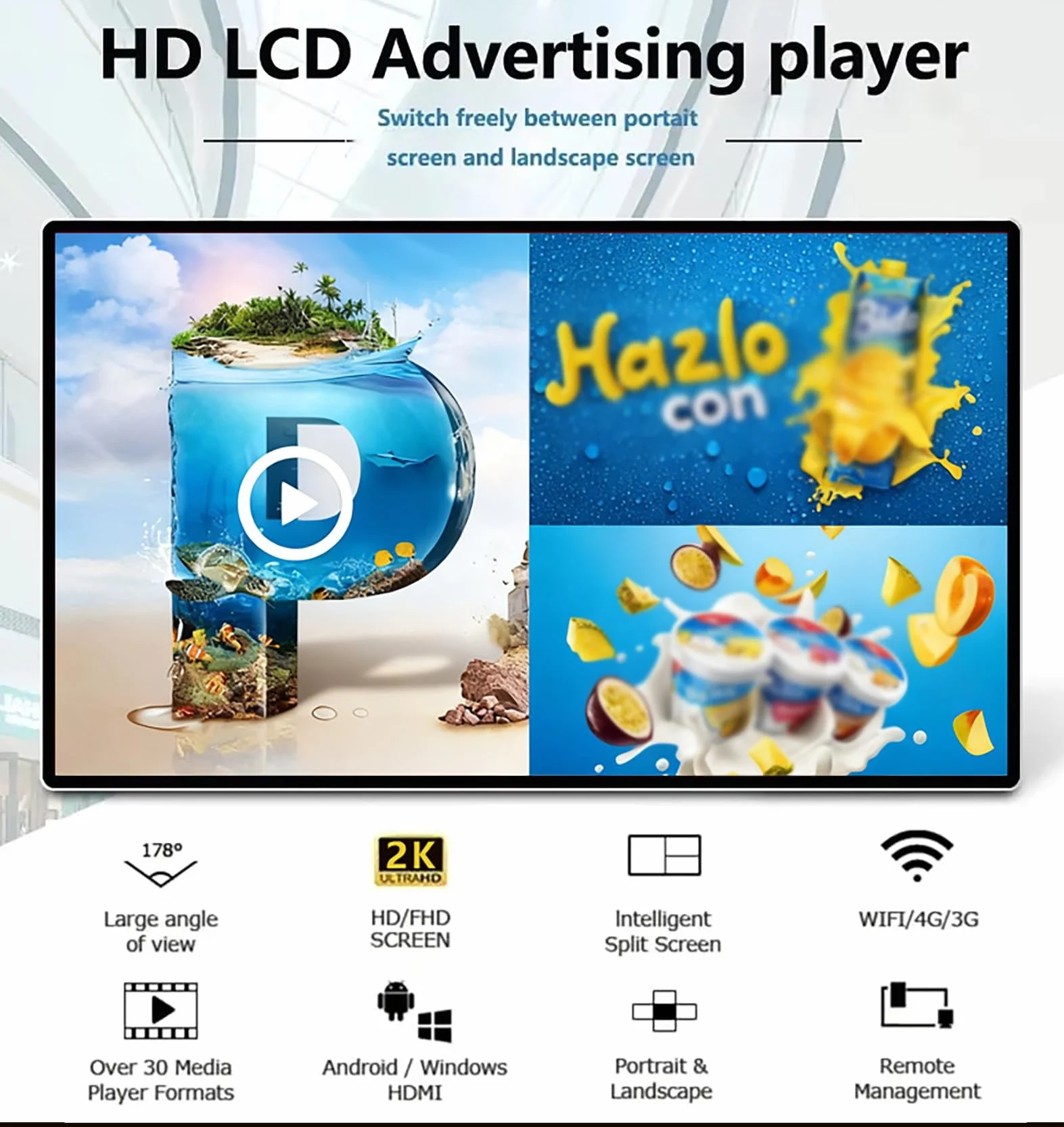 Segnaletica digitale interattiva con touchscreen, sistema operativo Android, riproduzione personalizzata, schermo diviso e audio integrato