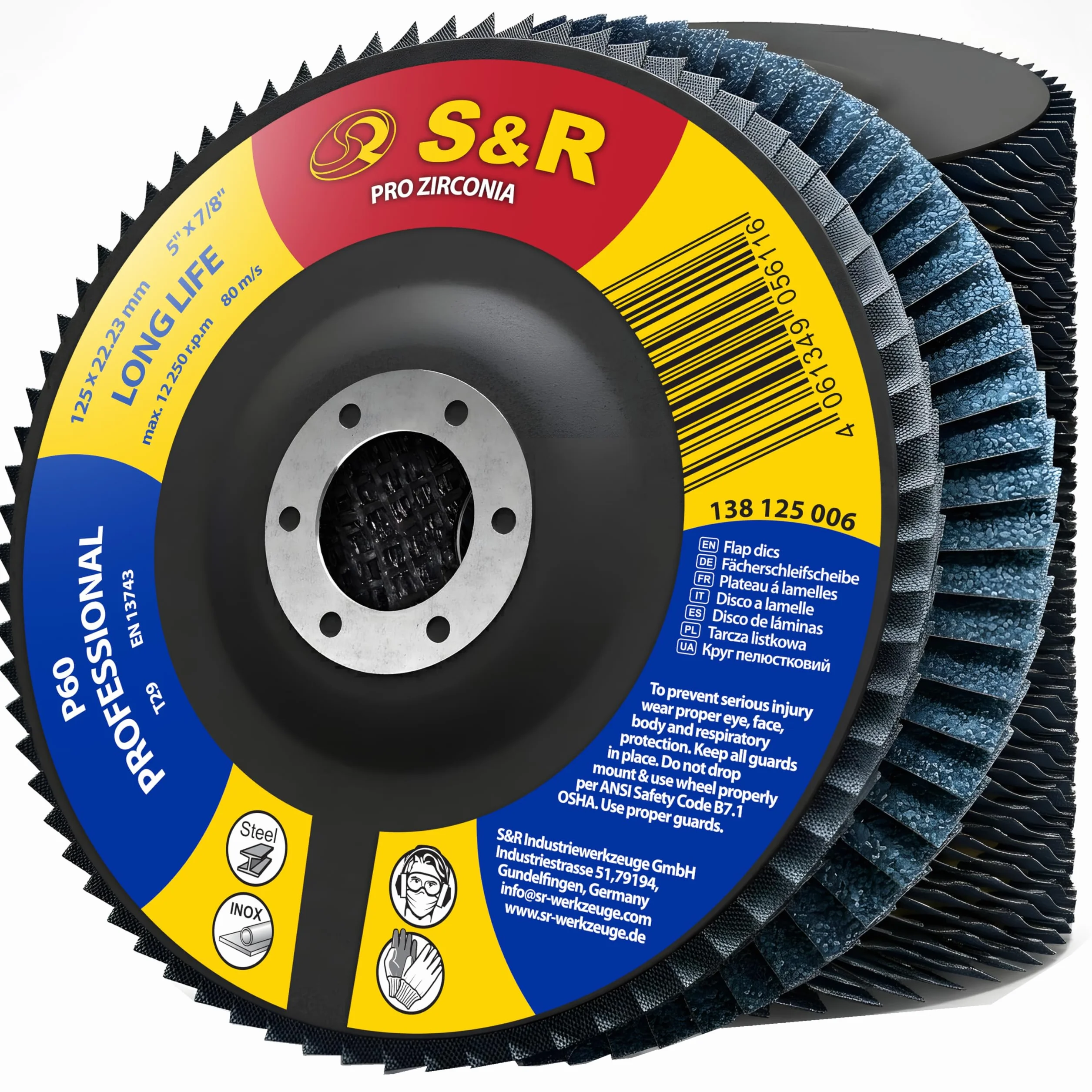 S&R Disco Lamellare 125-10 Dischi Abrasivi a Lamelle 125mm. Dischi Lamellari 125 Grana 60 Metallo Acciaio INOX Legno. Disco Abrasivo 125 per Smerigliatrice di tutte le Marche.