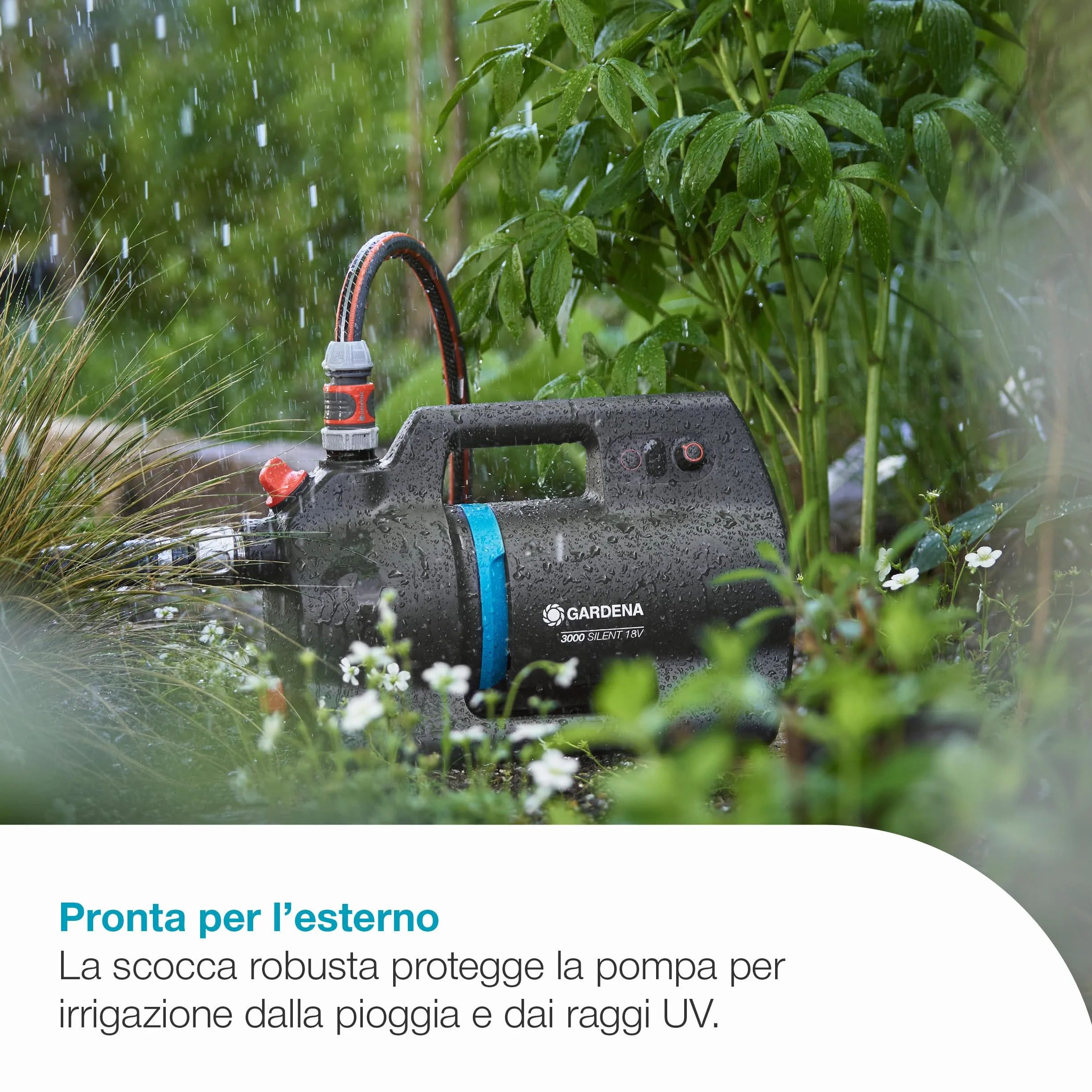 Gardena Pompa Da Giardino A Batteria 3000 Silent 18V P4A Set Pronto All'Uso: Potente, Funzionamento silenzioso, Scocca resistente alla pioggia e ai raggi UV (14610-20)