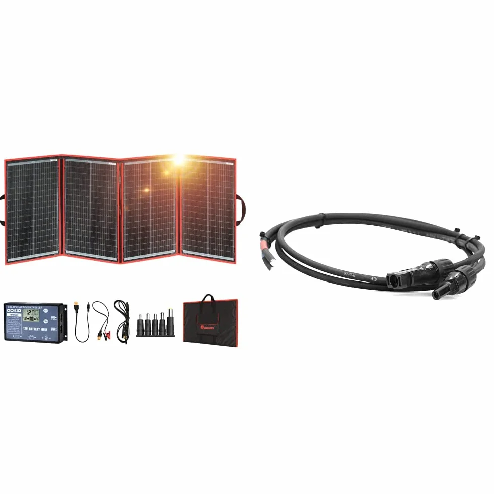 DOKIO 200W Pannello Solare Portatile (4,4 kg, 67 * 49cm) Mobile e Pieghevole + 20A Regolatore con Presa USB 5V 2A & Offgridtec® - Cavo di collegamento professionale per pannello solare, 1 m, 4 mm2