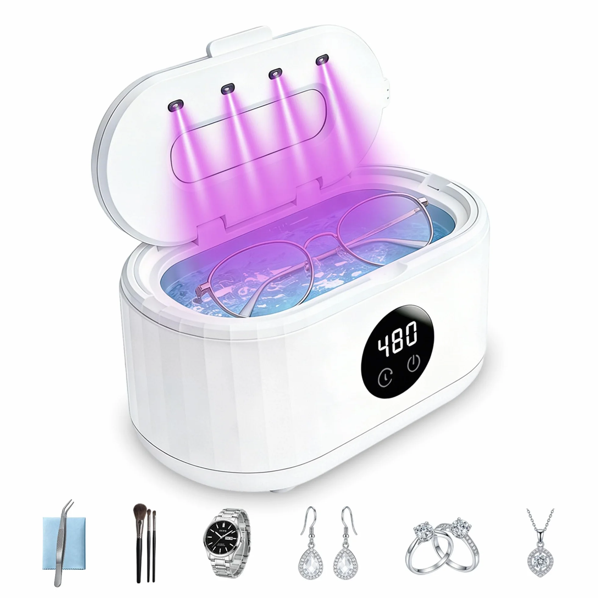 Pulitore ultrasuoni, pulitore ad ultrasuoni portatile con cinque impostazioni di tempo a LED UV ad alta frequenza 50KHz, ultrasonic cleaner da 350 ml, adatto per gioielli, occhiali, anelli e orologi