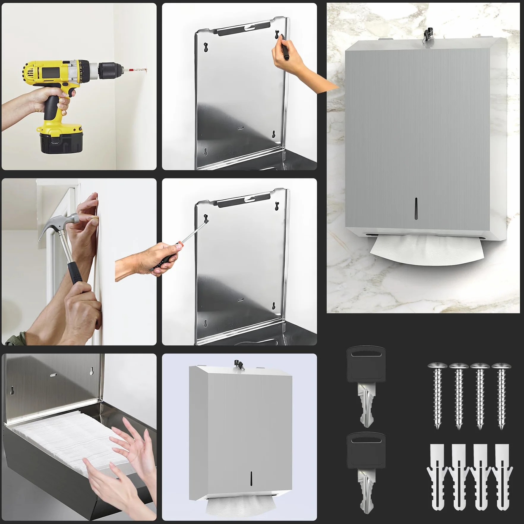 NICEME Distributore Asciugamani Carta Acciaio Inox 350-550 Fogli Argento