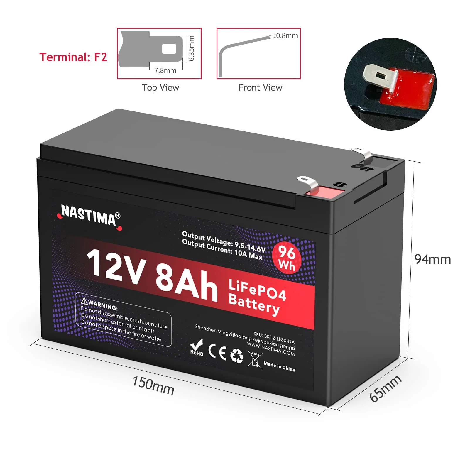 NASTIMA Batteria Ricaricabile 12V 8Ah LiFePO4 con Protezione BMS e Ciclo Profondo 4000, Adatta per Kit di Pannelli Solari, Passeggini, Camper, Barche, Campeggio, Ecoscandagli