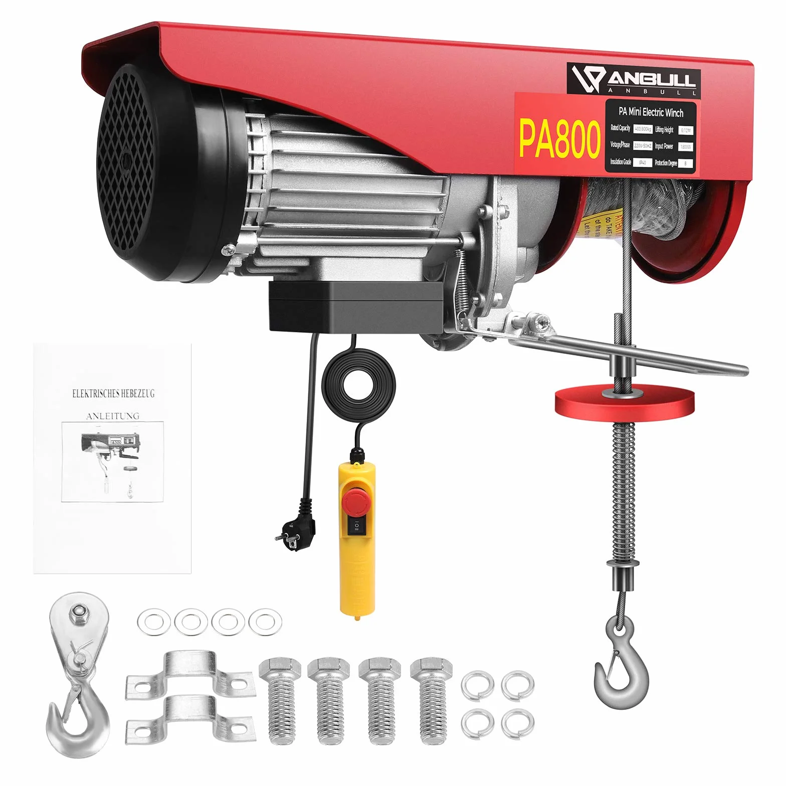 Anbull PA800 - Paranco Elettrico, Guaina elettrica per sollevamento a fune elettrica, da 400 kg fino a 800 kg, 220 V/1450 W, cavo telecomando da 12 m, cavo di sollevamento, (PA800)