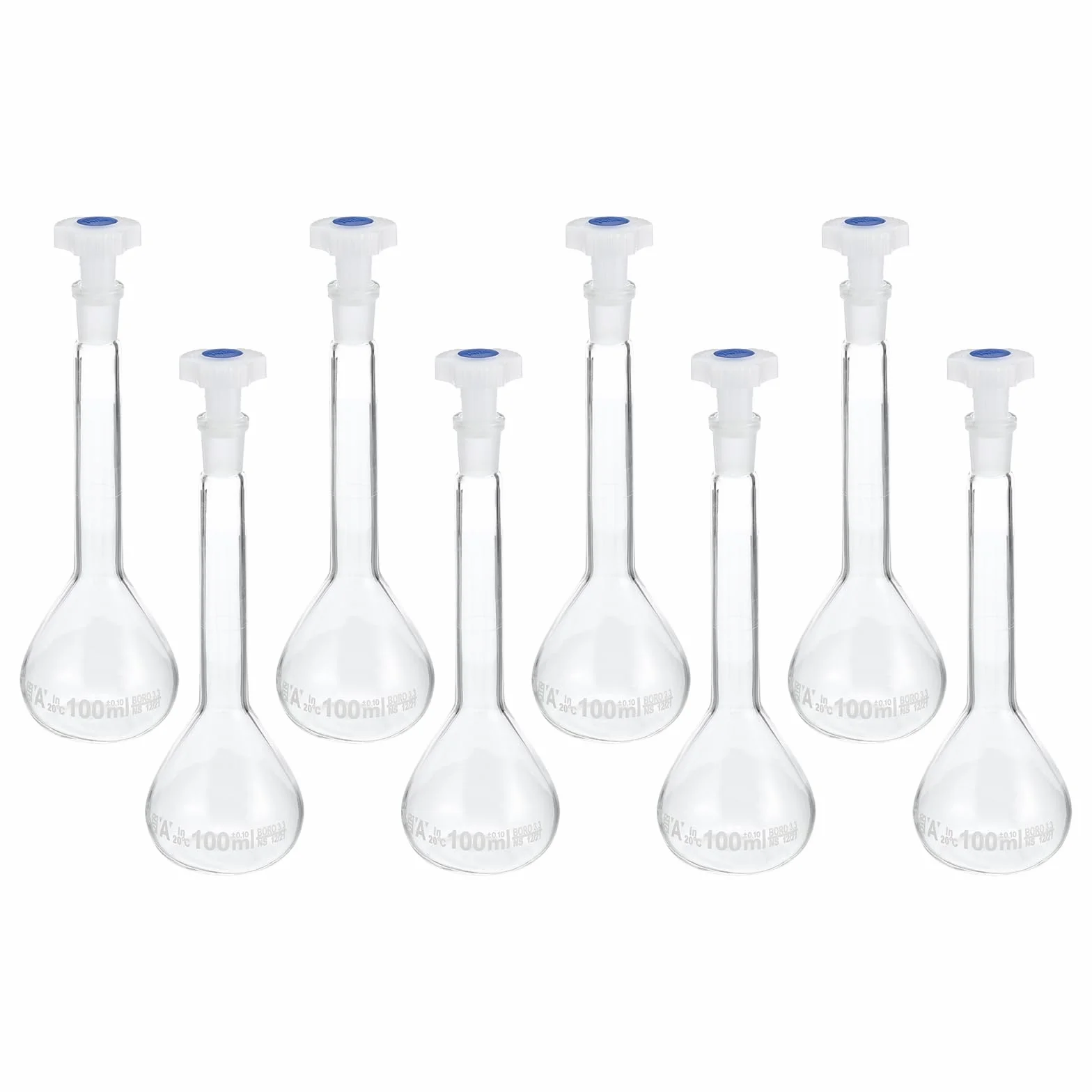 PATIKIL Matraccio Tarato 100ml Matraccio Graduato 8pz 3.3 Vetro Borosilicato Graduato Volumetrico Misura Flacone con Spina Tappo Tolleranza 0.1ml per Laboratorio Esperimento Trasparente