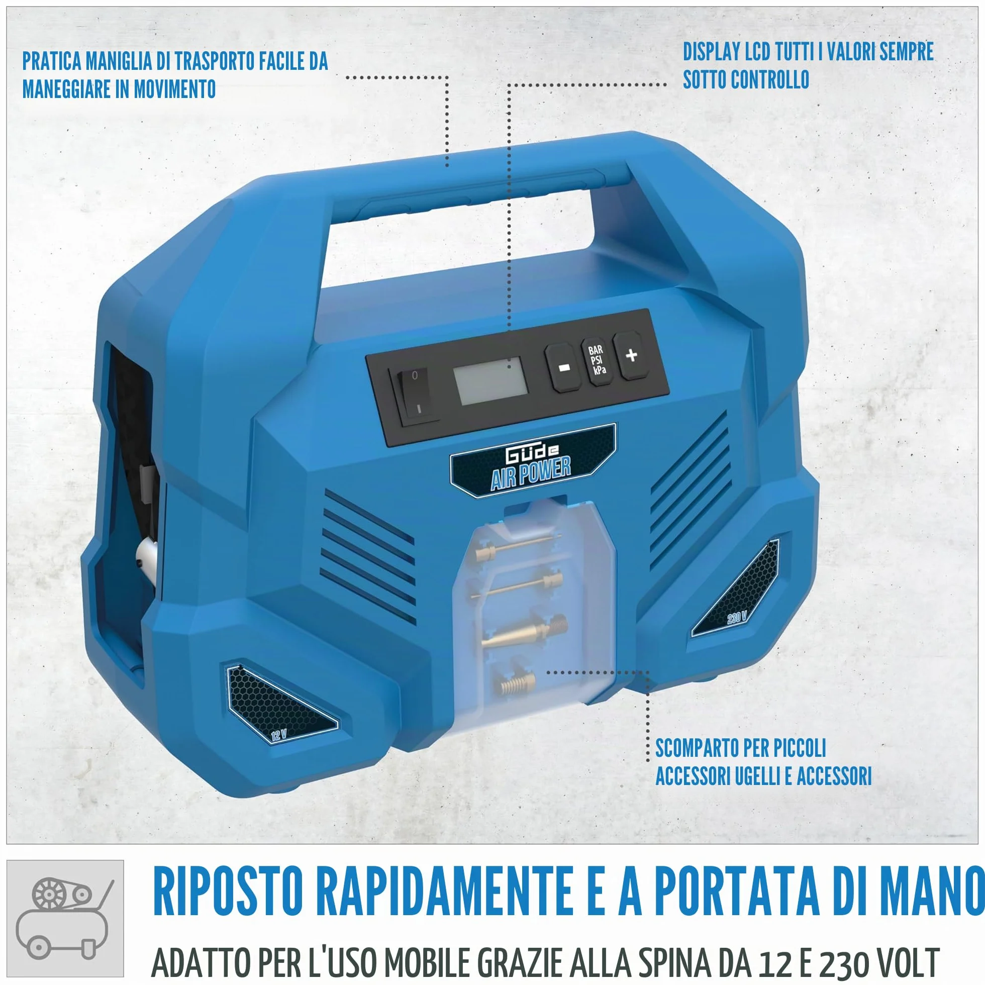 Güde Compressore Airpower Dual Drive 12/230 V/5 pezzi (150 W, max. 8 bar, 20 l/min eff. Contenuto della confezione: senza olio e manutenzione, connettore da 12 Volt e 230 Volt, display LCD, tubo