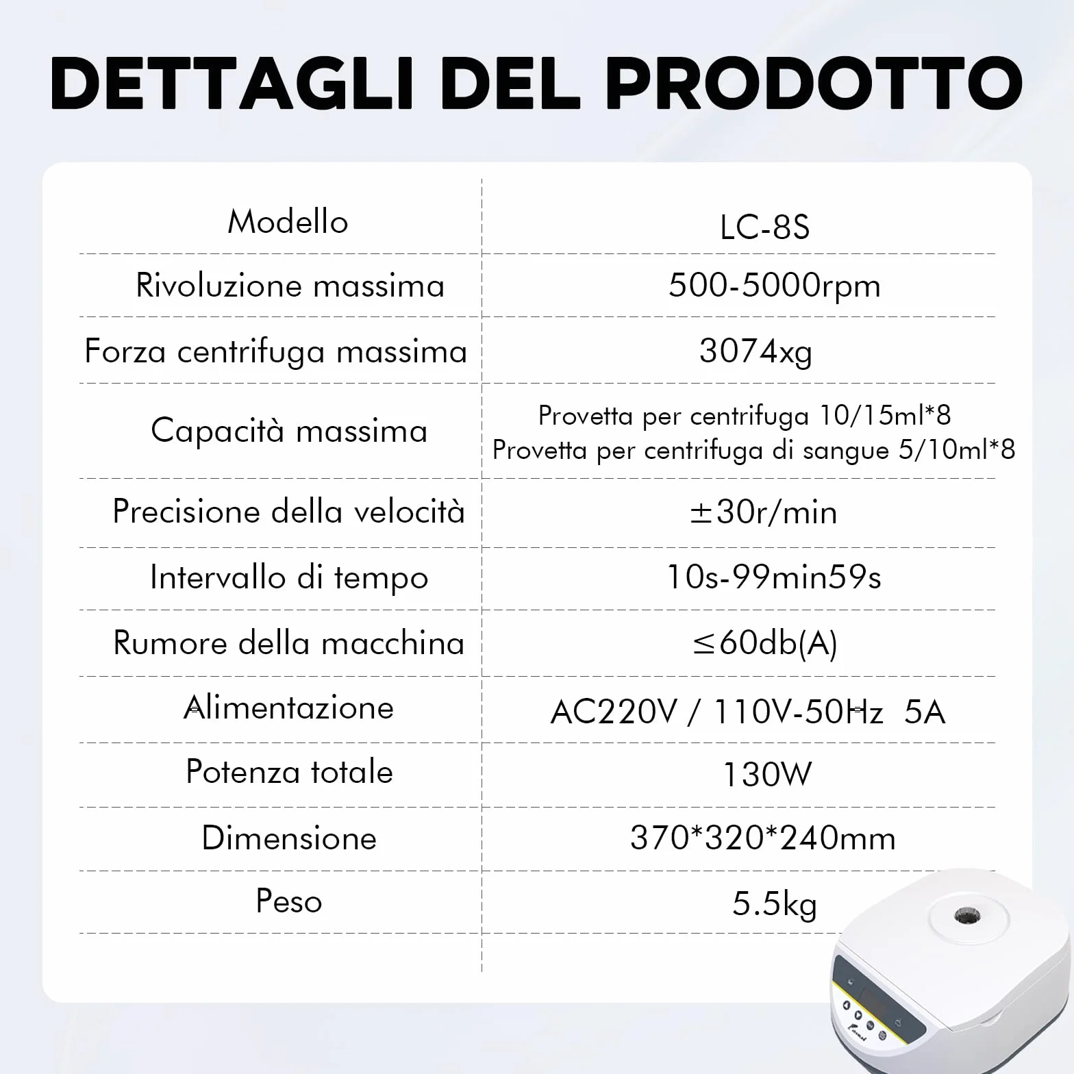 LABFISH PRP Centrifughe da Laboratorio Capacità 8x2/5/10/15ml Tubi per centrifuga, controllo a bassa velocità 500-5000r/min, Max 3074xg RCF, gamma di timer per medico/sangue/siero/plasma