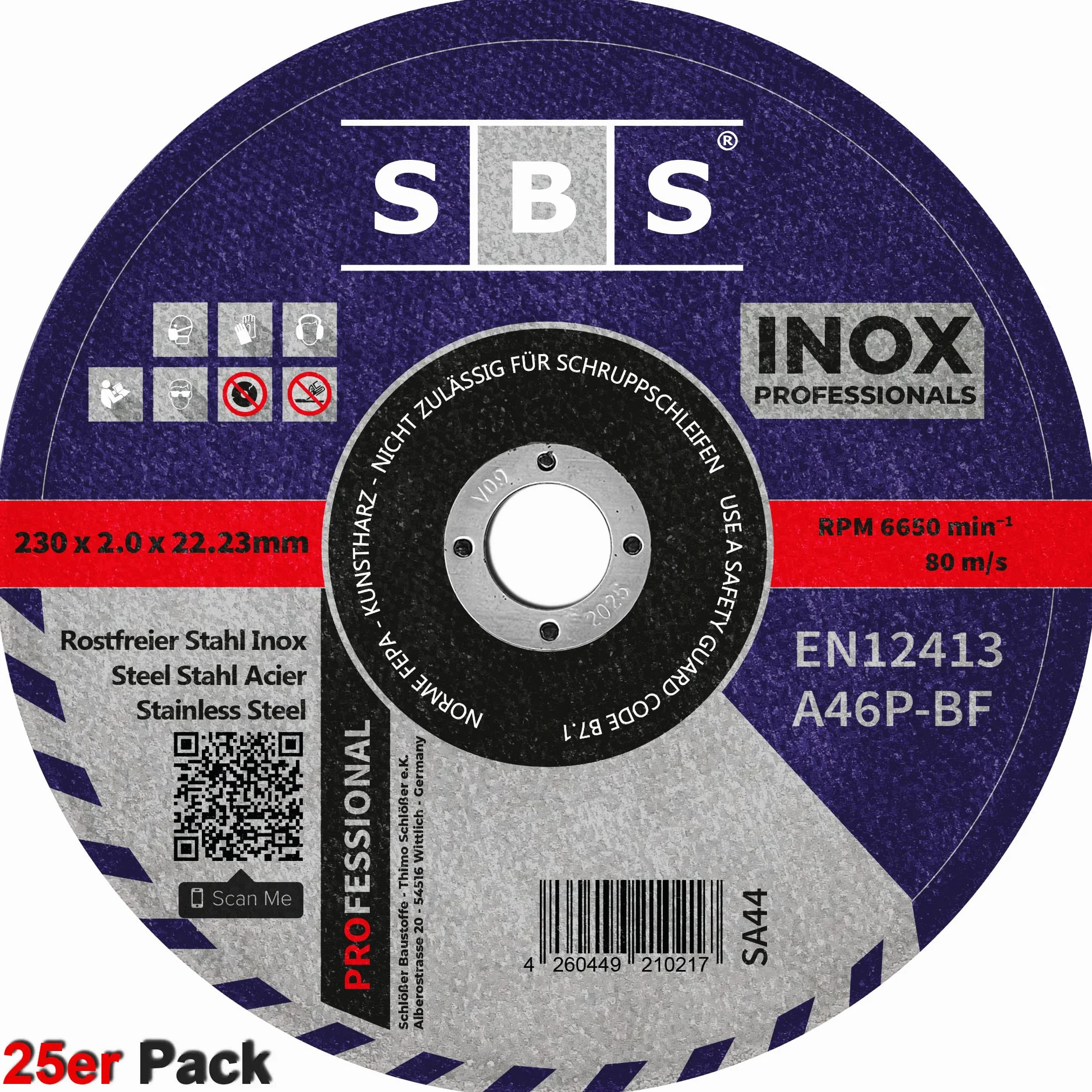 Disques à tronçonner SBS | 25 pièces | 230x2mm | Professionnels INOX | extra fin | stabilité supplémentaire | pour meuleuses à tronçonner et meuleuses d'angle