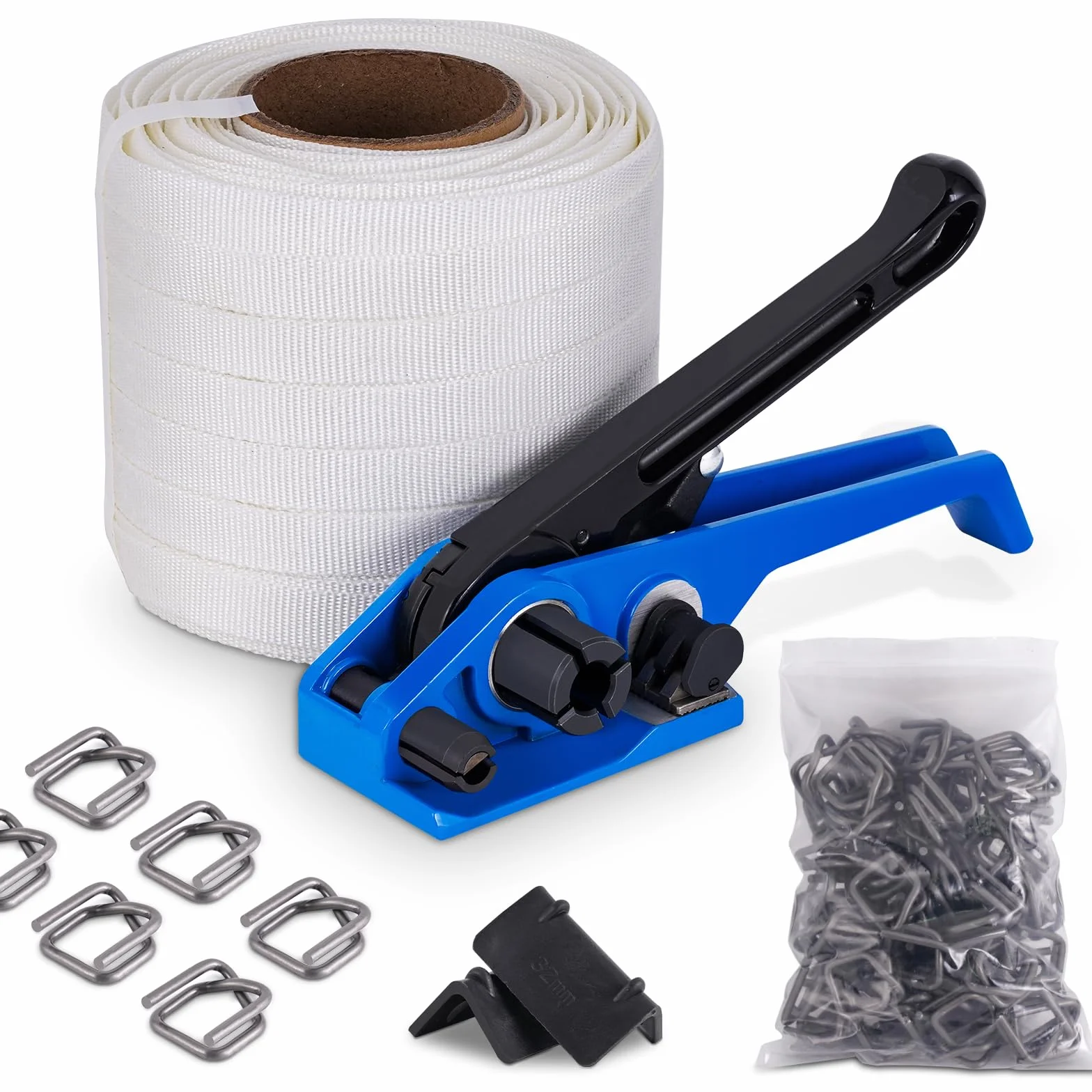 BAOSHISHAN Kit di reggetta con tessuto per l'imballaggio dei pallet (tenditore 2 in 1 + 100m di reggetta tessile + 100pcs fibbie di imballaggio fosfatante + 20 angolo di imballaggio)