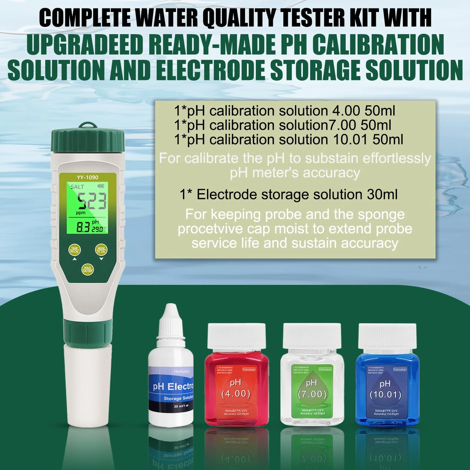 Misuratore PH 5 in 1, PH EC TDS Salinità Temperatura Meter con Innovativo Display Simultaneo Tre Dati, IP67 Impermeabile Tester Salinità PH per Piscina, Acqua Potabile, acquari, idroponia