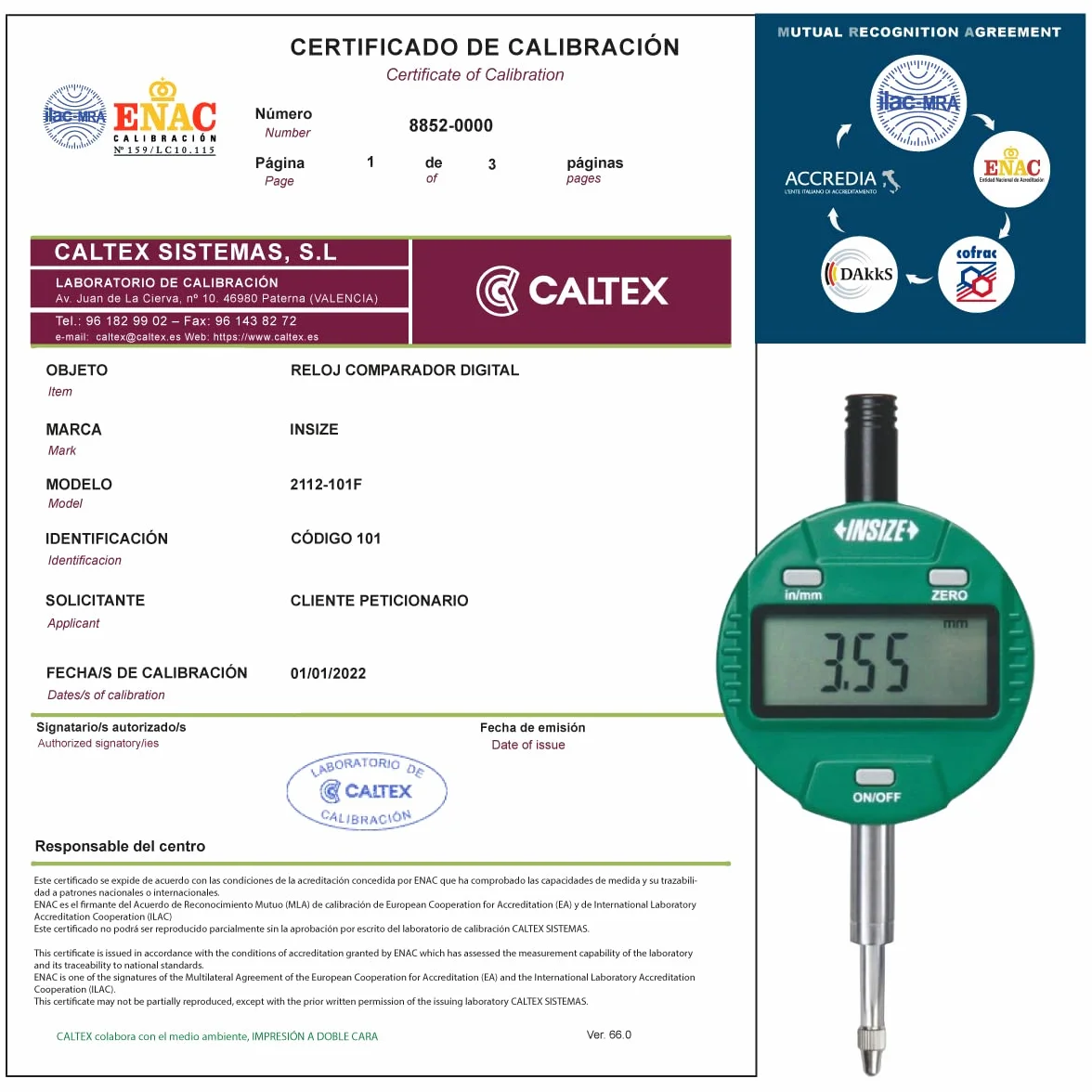 Comparatore tarato INSIZE 2112-101F con Certificato di Taratura Acreditato LAT (accettato da ACCREDIA)