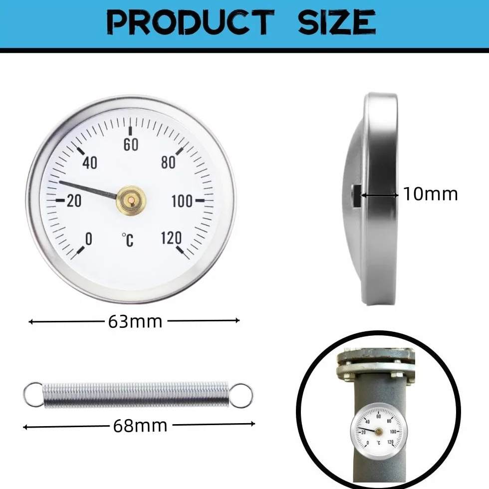 2 termometri per riscaldamento 0-120C 63 mm, termostato per radiatore per il controllo della temperatura su tubi del radiatore con contatto bimetallico in acciaio e superficie in acciaio inox.