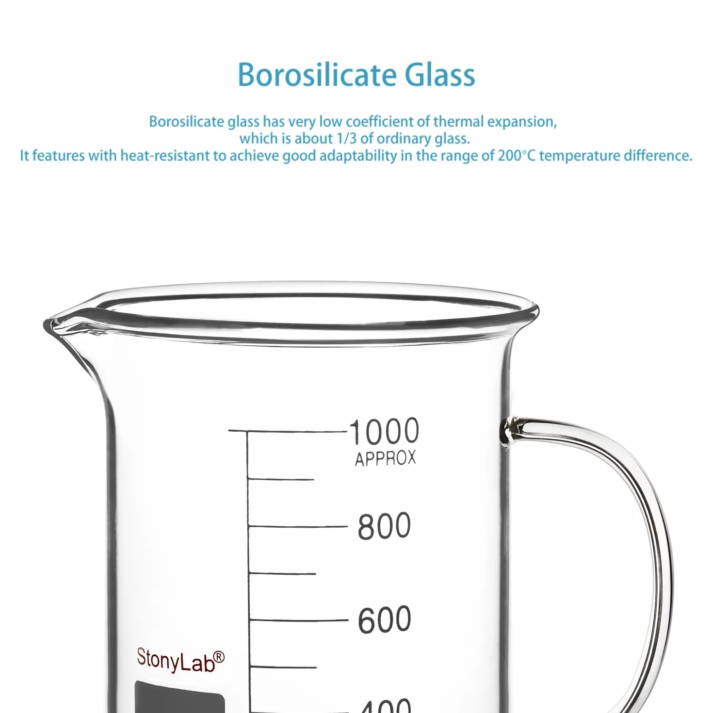 stonylab Bicchiere in Vetro con Manico, Bicchiere Graduato in Vetro Borosilicato Griffin a Forma Bassa con Manico e Beccuccio per Versare, 1000 ml