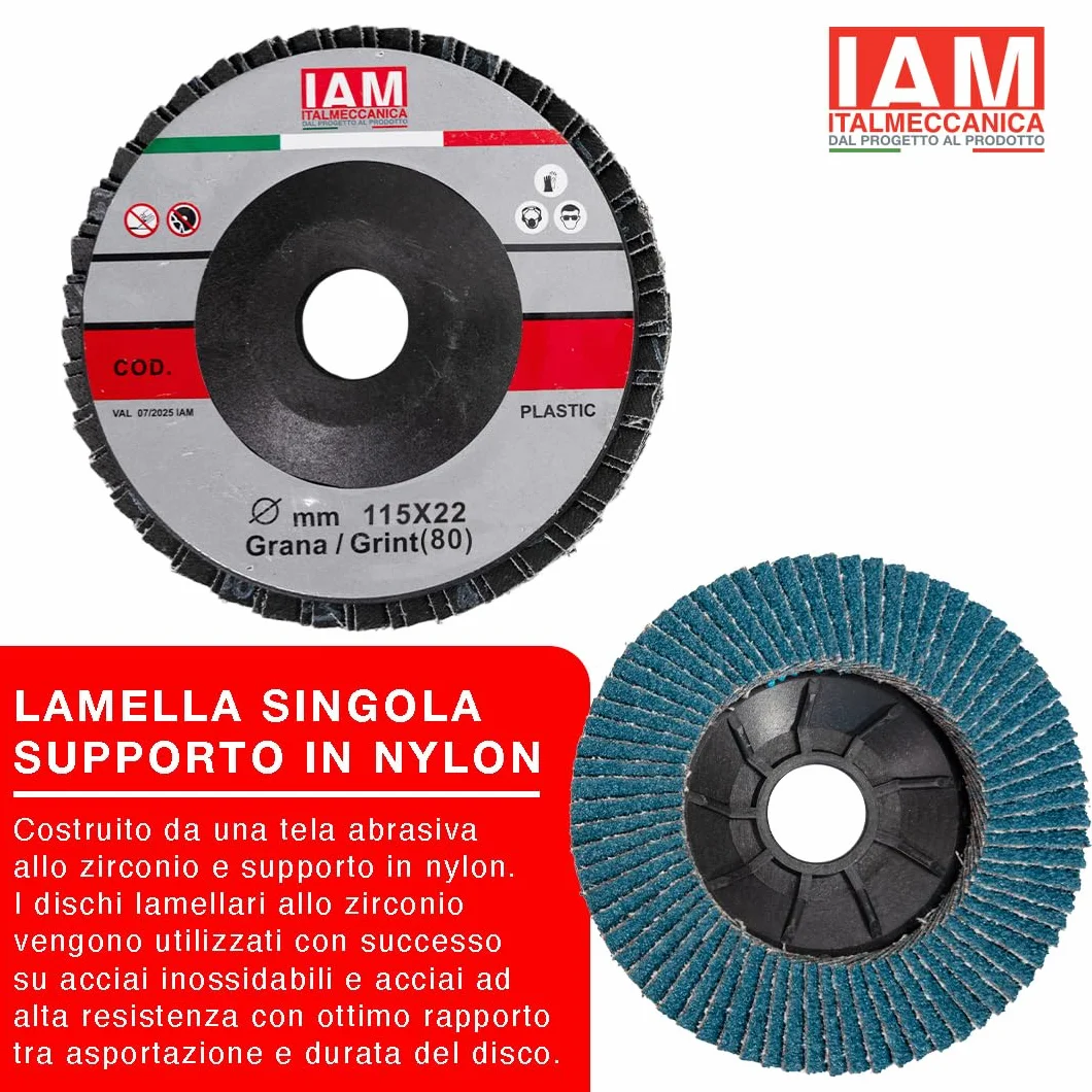 IAM Disco Lamellare Zirconio per Smerigliatrice 115x22mm Flap Disc Professionale Lamella Singola con Supporto in Nylon | Disco Abrasivo per Acciaio Inox e Metallo | Alta Durata | Grana 80 | 10 pezzi