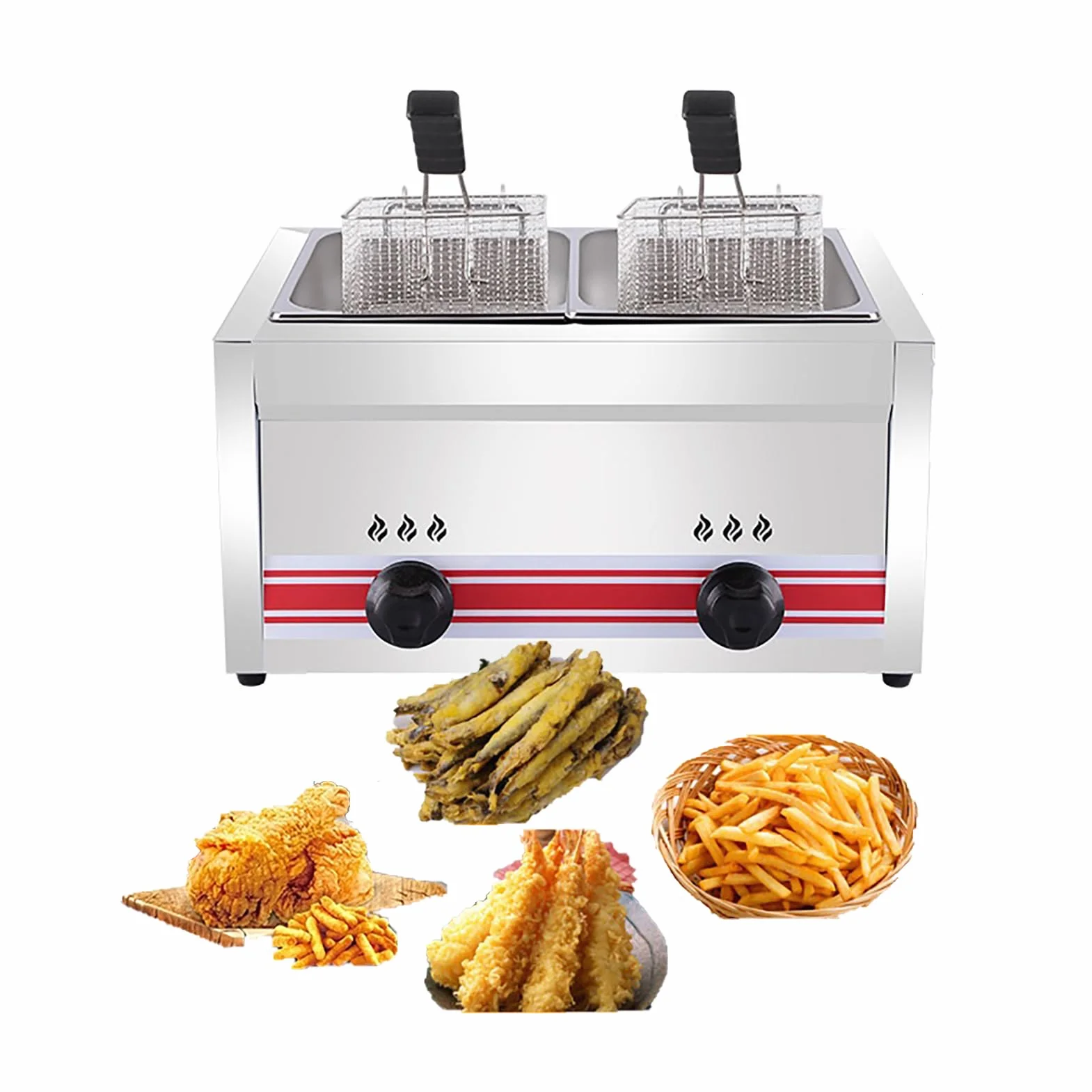 Friggitrice A Gas Professionale 10l/20l/30l in Acciaio Inox - Bruciatori Indipendenti, Doppio Serbatoio, Cestello Doppio - Ideale per Ristoranti, attività Commerciali E Uso Domestico