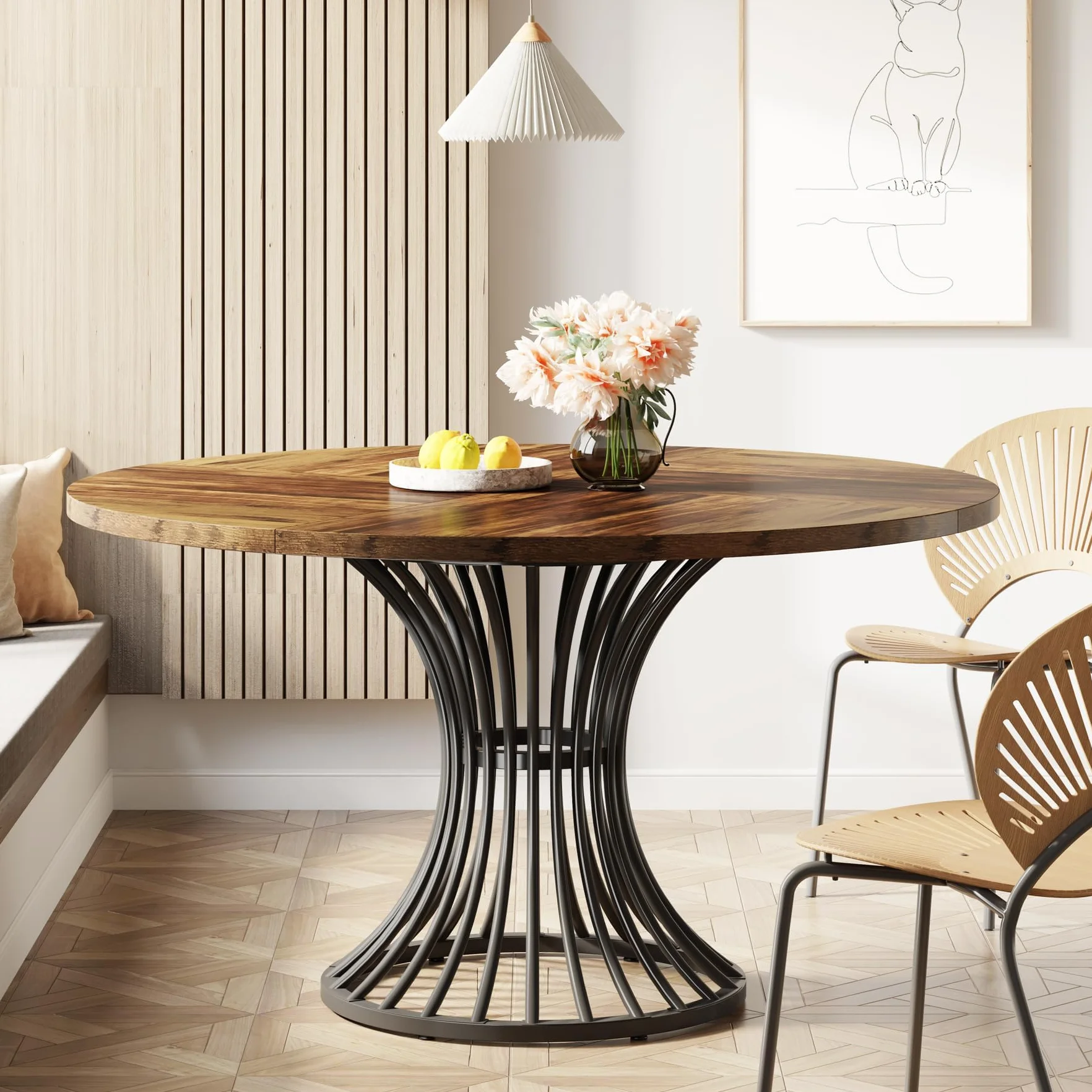 Tribesigns Tavolo da pranzo rotondo da 120 cm, per 4-6 persone, stile rustico e design industriale, stabile base in metallo per cucina e soggiorno, nero-marrone