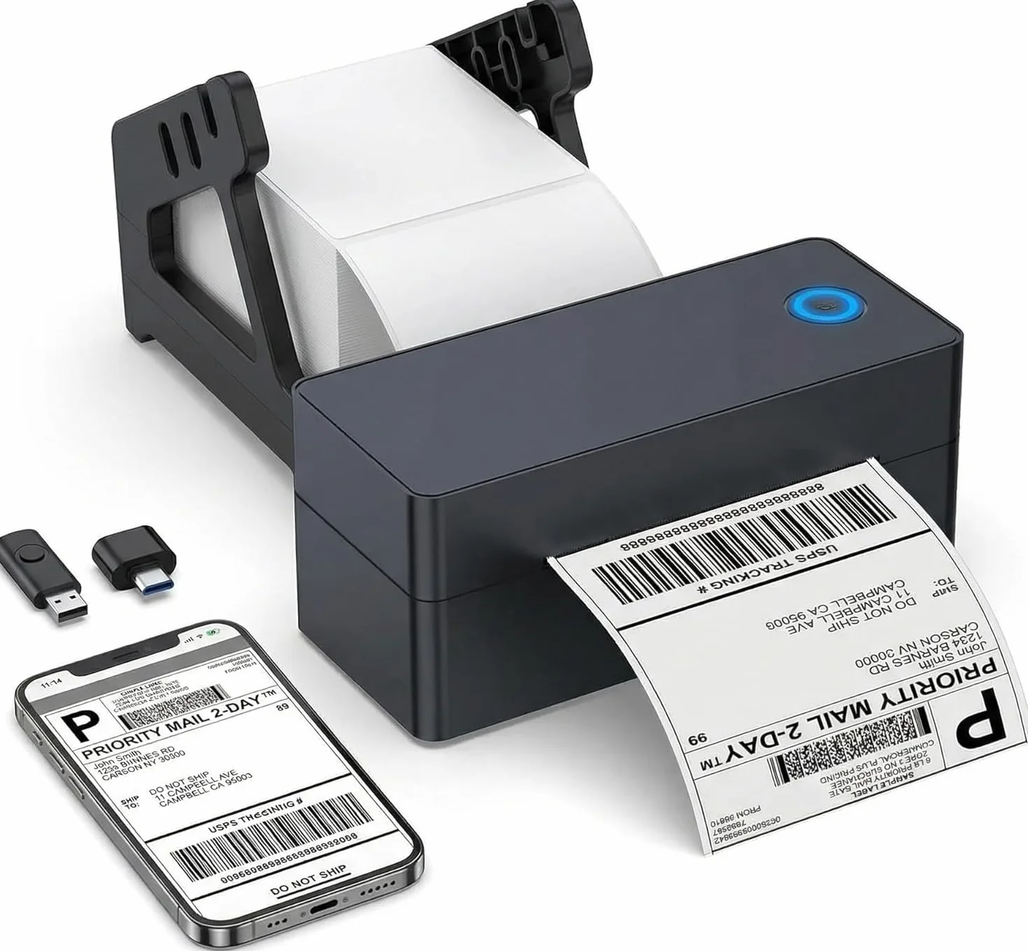 Stampante Etichette Termica Bluetooth 4x6 (100x150mm), per Spedizioni DHL, Amazon FBA & Shopify, Inclusi Supporto, Chiavetta USB (Driver) & 30 Etichette, Compatibile con iOS/Android/Windows/Mac